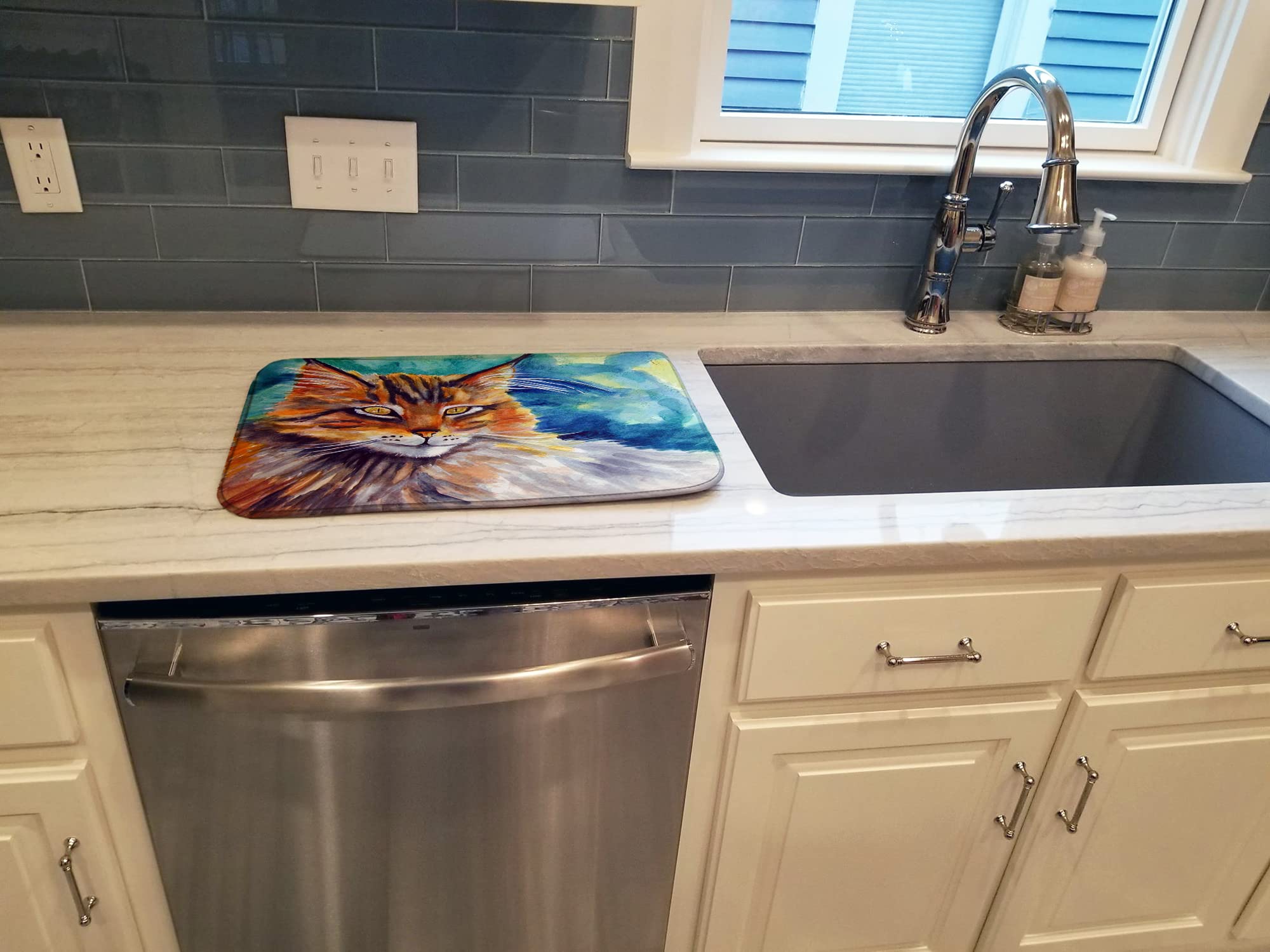 Maine Coon Cat Dish Drying Mat - Absorbent Kitchen Counter Pad for Dishes, 14x21
