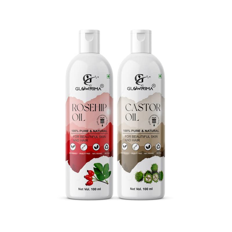 Glowrima 100% Pure Organic Rosehip Oil & Cold-Pressed Castor Oil Combo (100ML Each) - Natural Hair Growth Treatment for Thicker, Stronger Hair | Reduces Hair Fall & Split Ends | Nourishes Scalp for Shinier, Softer Hair | Perfect for Daily Hair Care & DIY Beauty Treatments
