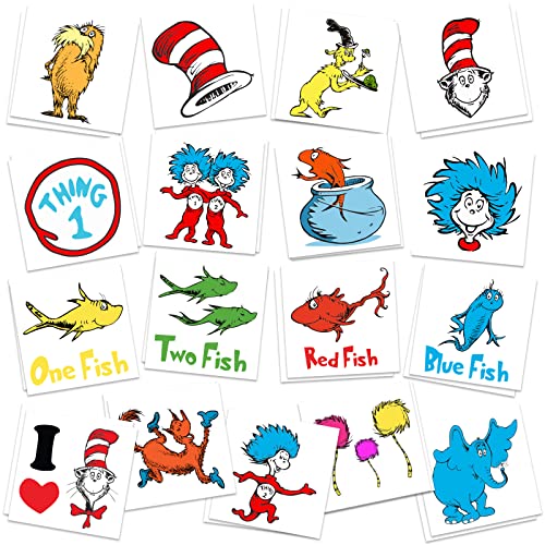 Dr. Seuss Cat in The Hat Party Supplies - 34Pcs Temporary Tattoos for Kids, Removable Fake Tattoo Stickers, Party Favors & Goody Bag Fillers - Perfect for Birthday Decorations, Themed Parties & Classroom Activities