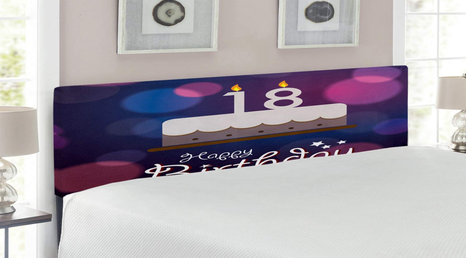 Ambesonne 18th Birthday Headboard - Vibrant Cartoon Cake with Candles Design, Upholstered Metal Bed Headboard with Memory Foam, King Size, Purple & Lilac - Perfect for Teen Bedrooms, Birthday Party Decor & Dorm Room Makeovers