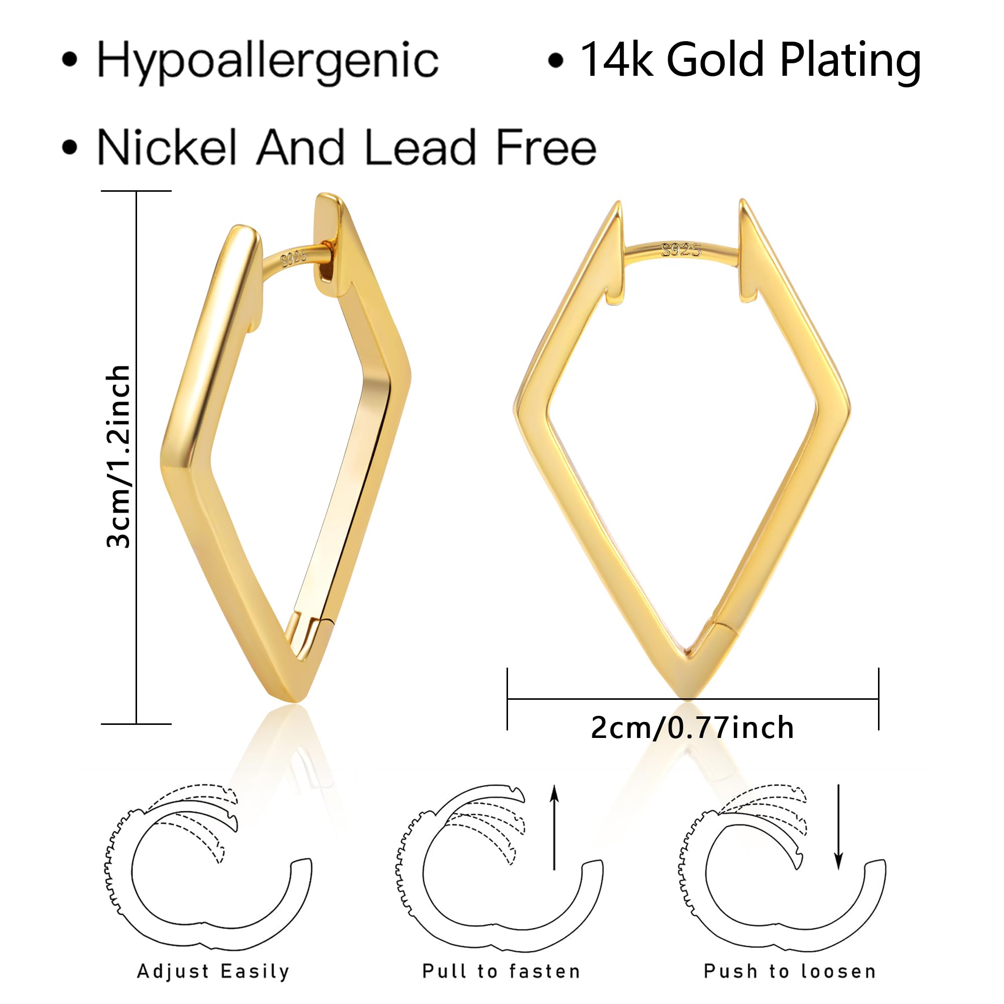 ALEXCRAFT Sterling Silver Earrings for Women - Rhombus & Triangle Geometric 14K Gold Plated Hypoallergenic Jewelry | Perfect Birthday Gift for Women & Girls | Ideal for Parties, Weddings & Everyday Wear