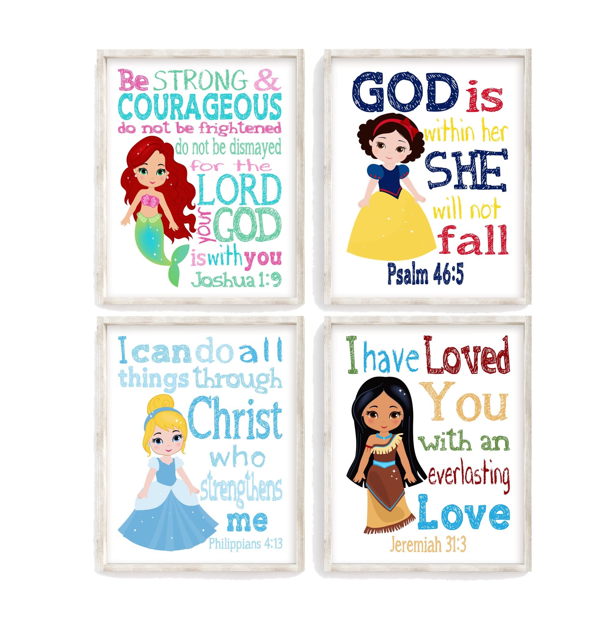 Princess Nursery Decor Set - Snow White, Ariel, Cinderella & Pocahontas Bible Verse Prints for Baby Room