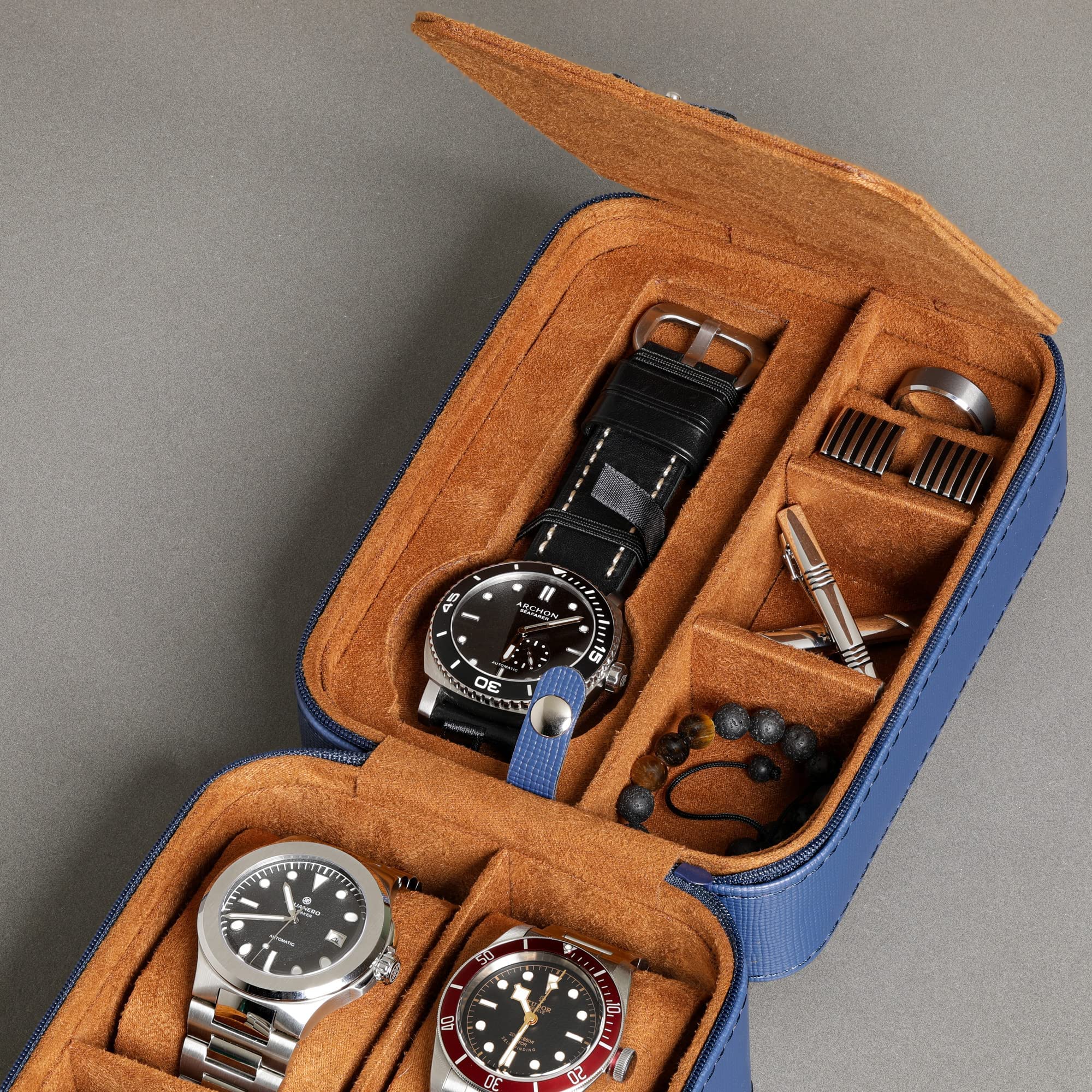 ROTHWELL 5 Watch Travel Case Organizer - Durable Zipper Storage for Wristwatches & Smartwatches Up to 50mm (Blue/Tan) | Perfect for Business Trips, Vacations & Watch Collection Protection