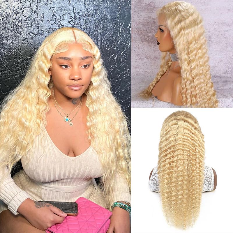 613 Deep Wave Lace Front Wig Human Hair - HD Transparent 13x6 Lace Frontal Wig 180% Density - Pre Plucked with Baby Hair - Blonde 24 Inch Human Hair Wigs for Women - Perfect for Daily Wear, Parties, and Special Occasions