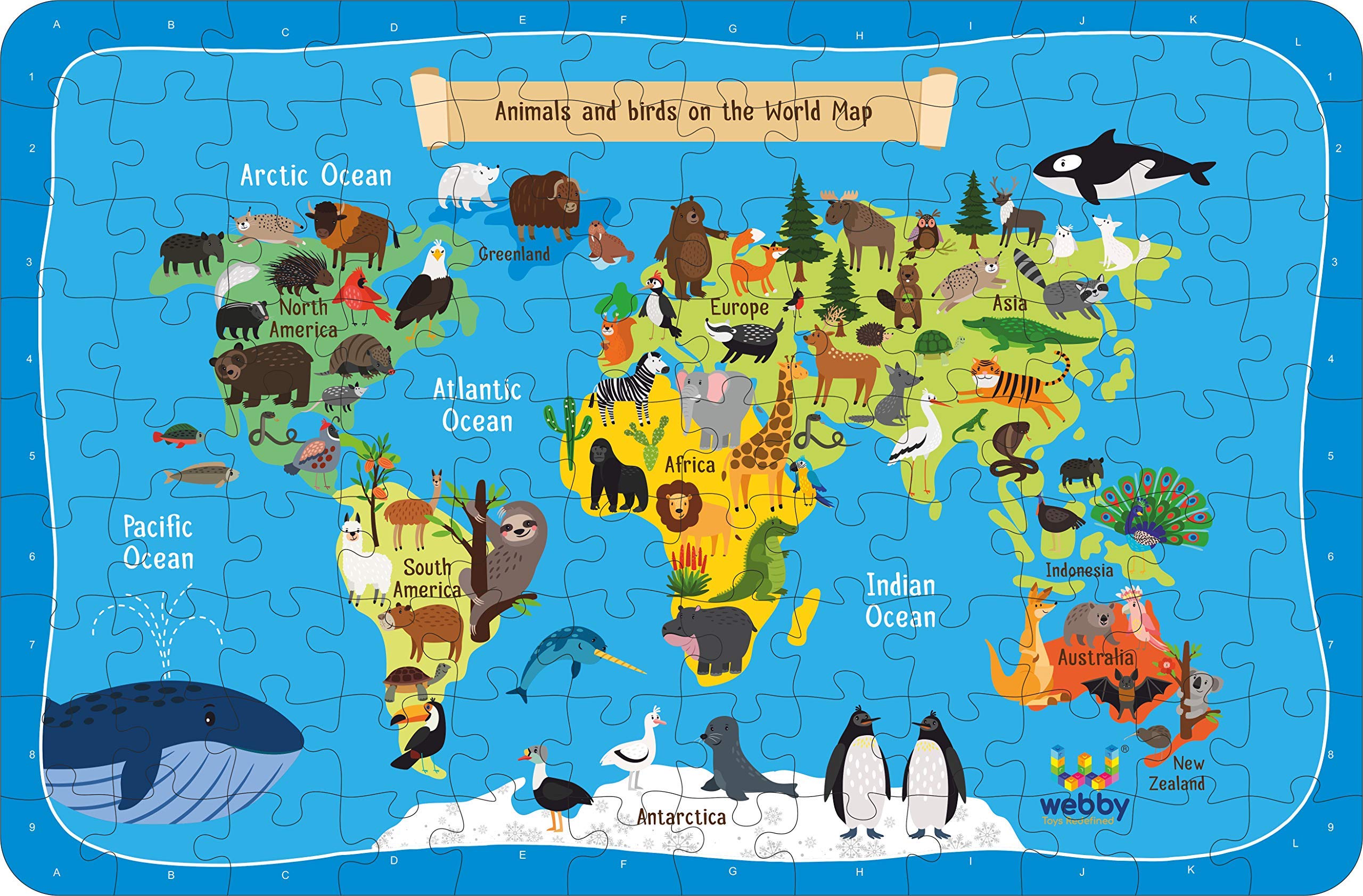 Webby World Map with Animals Jigsaw Puzzle - 108 Piece Educational Puzzle for Kids - Perfect for Learning Geography & Animal Habitats at Home or Classroom