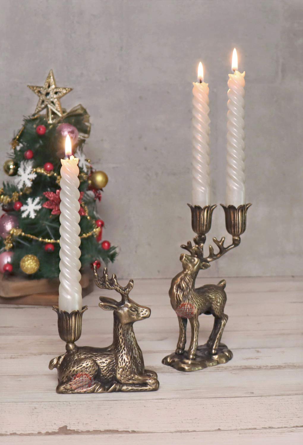 Brass Christmas Reindeer Candle Holders - Set of 2, Elegant Deer Candlestick Holders for Mantel, Table, Window or Fireplace Decor, Perfect Holiday Season Home Decoration & Gift Idea for Christmas