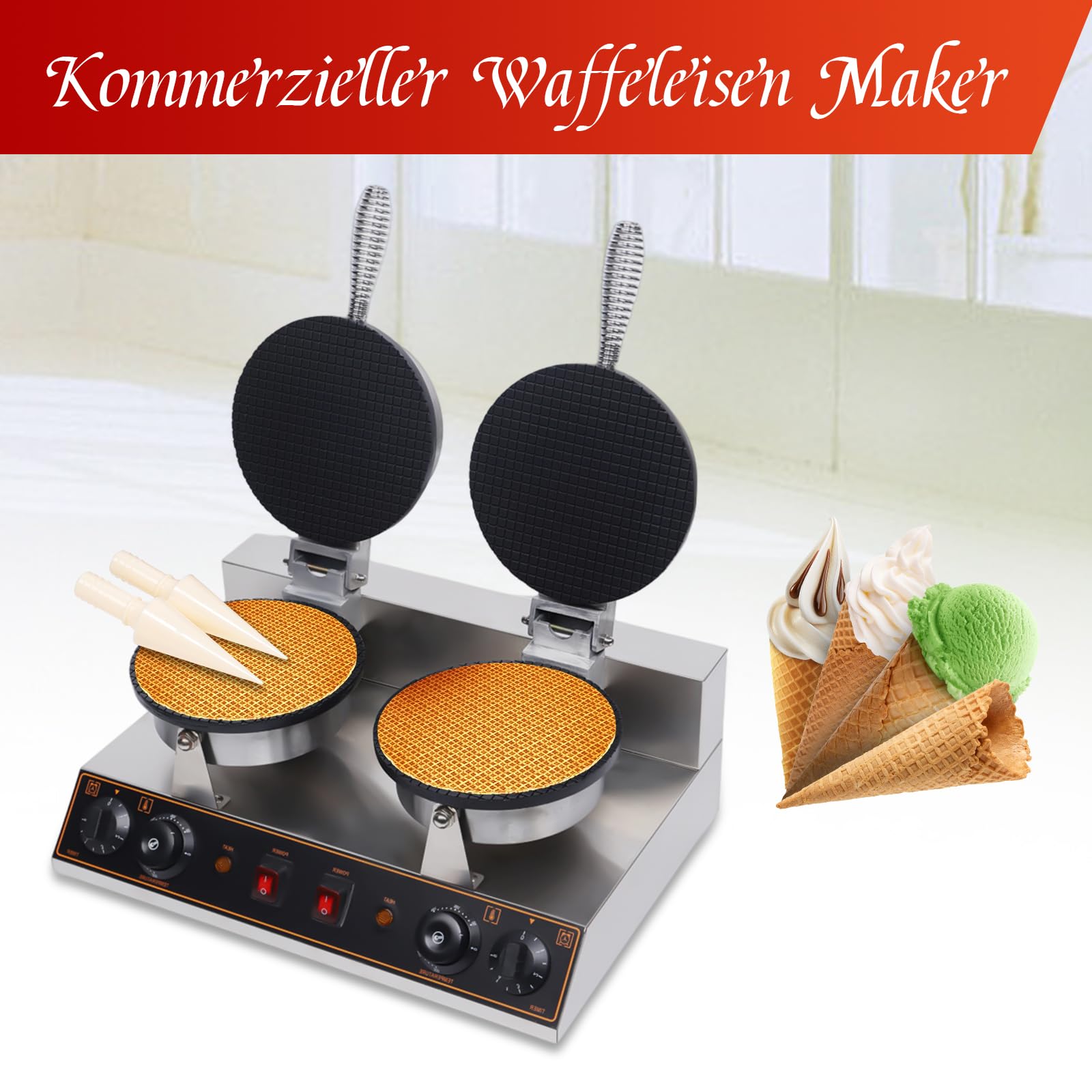 BICKKOMG 110V Commercial Electric Waffle Cone Maker - Stainless Steel Non-Stick Double Head Ice Cream Cone Machine with Egg Roll Mold for Restaurants, Bakeries & Home Use - Perfect for Making Crispy Waffle Cones, Ice Cream Bowls and Sweet Treats