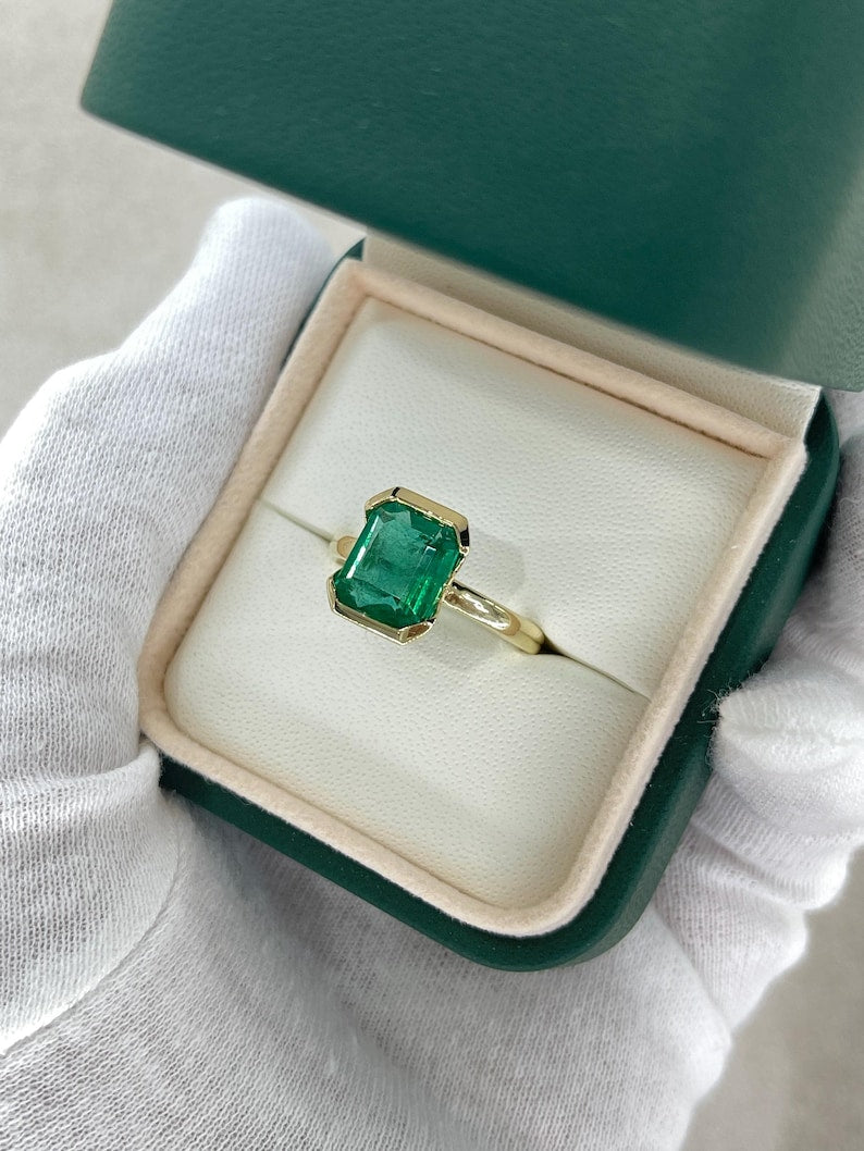 3.50ct Vivid Green Emerald Solitaire Engagement Ring - 14K Gold Open Back Basket Setting - Perfect for Proposals, Anniversaries & Special Occasions