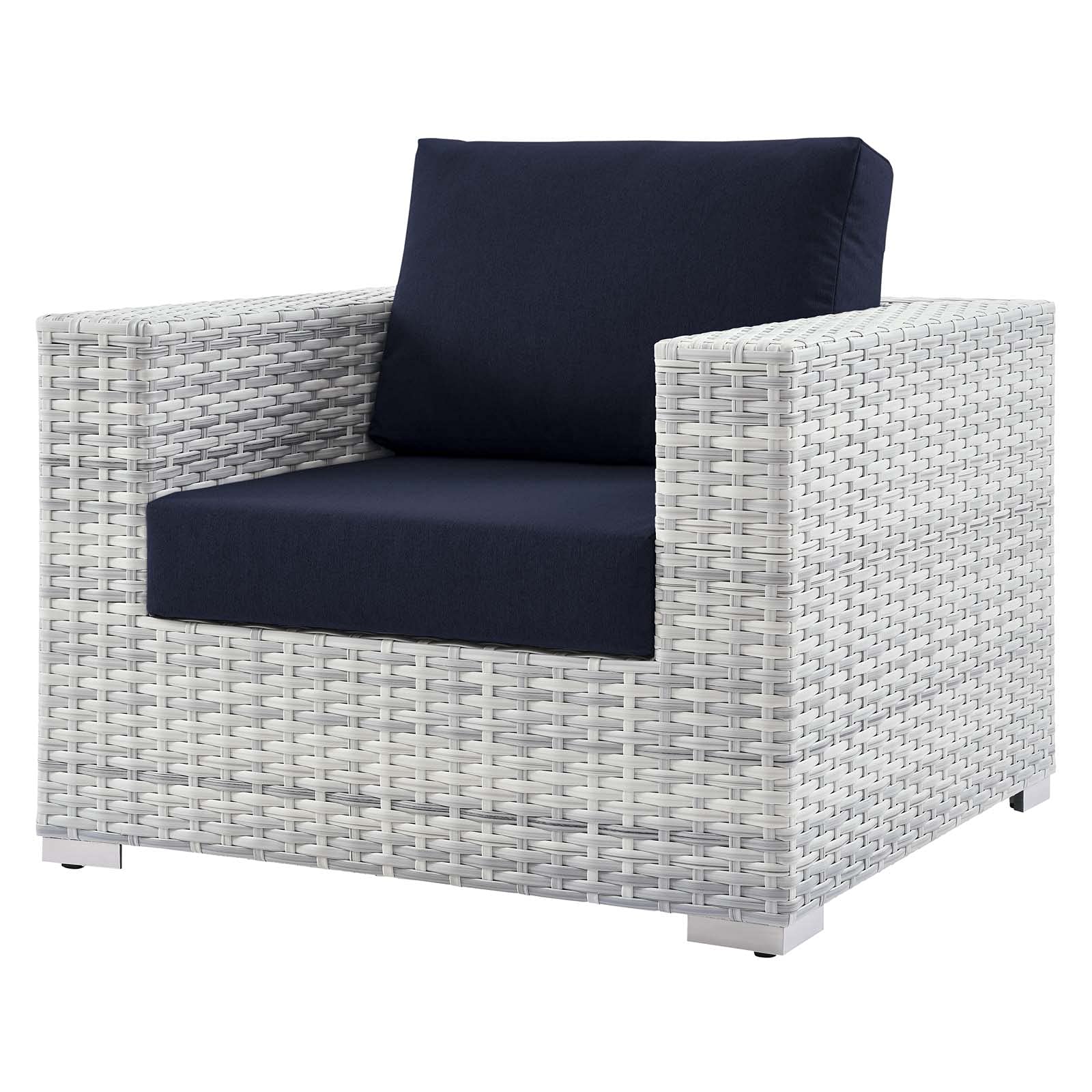 Lounge Chair Armchair, Rattan Wicker Modern Outdoor Patio Furniture, Grey Blue Navy Accent Chair for Balcony Bistro Garden Poolside Relaxation