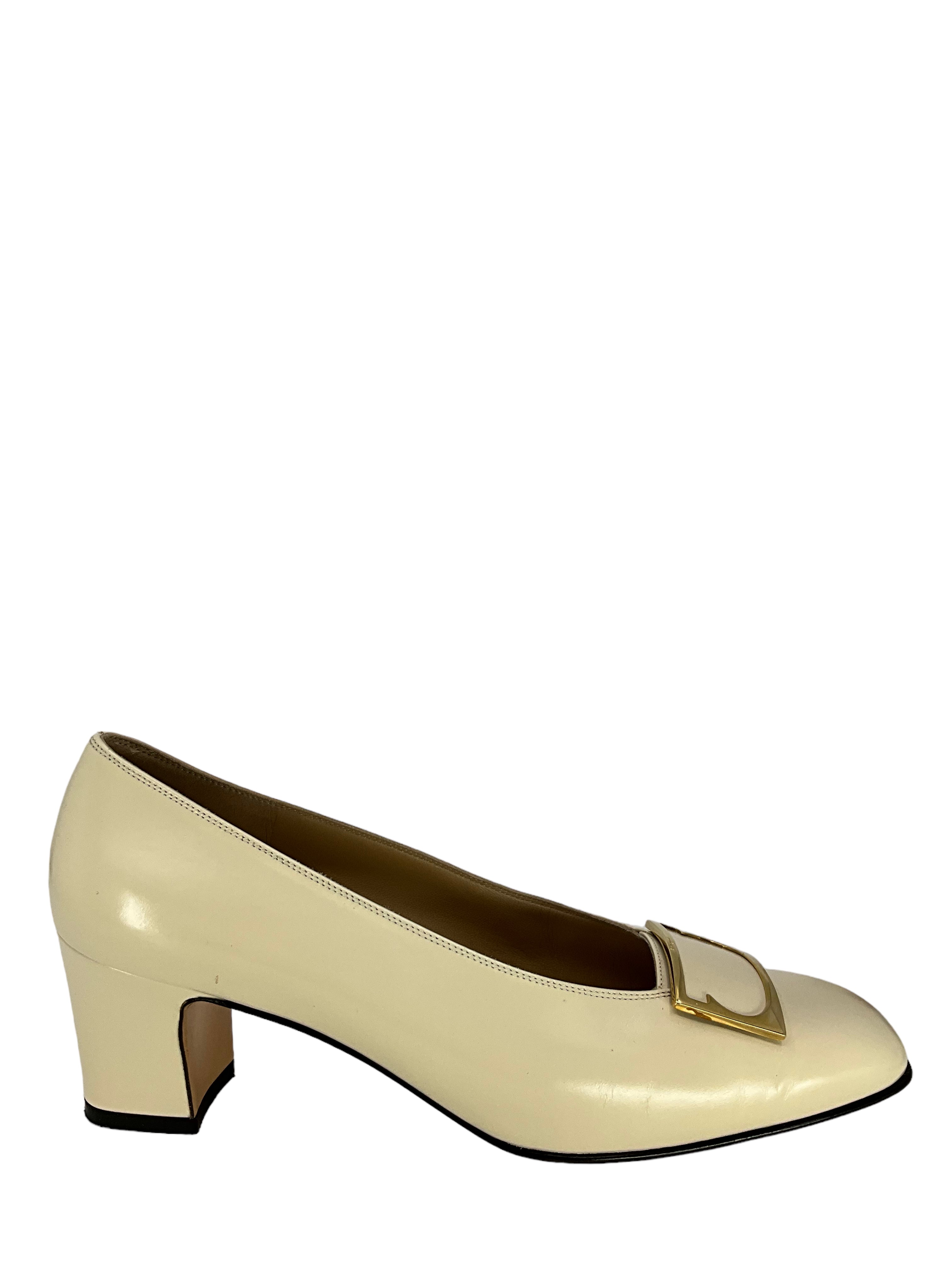 Salvatore Ferragamo Ivory & Gold Heels Women's Size 8.5 - Luxury Designer Pumps for Weddings, Parties & Formal Events