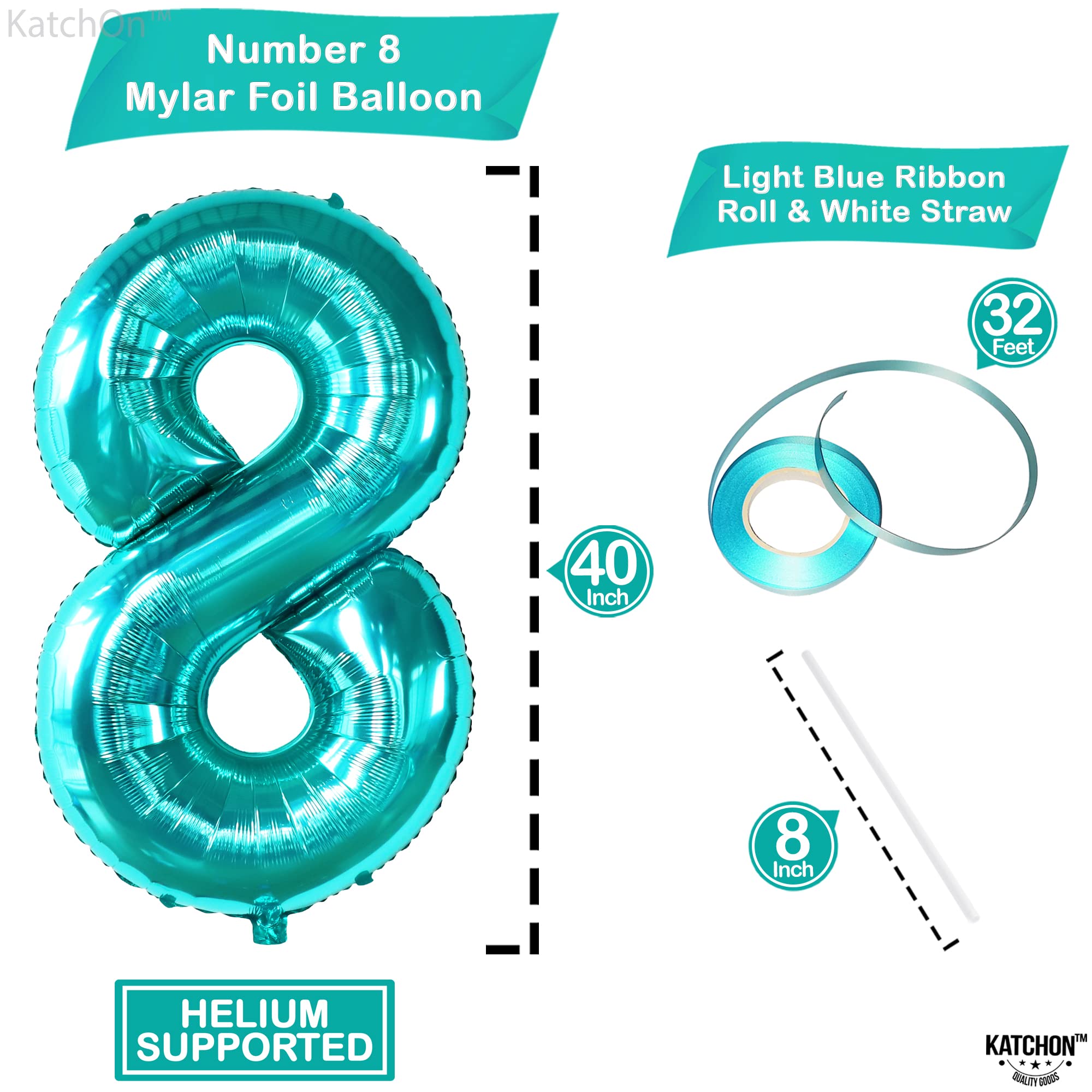 KatchOn 40 Inch Giant Teal Blue Number 8 Balloons - 8th Birthday Party Decorations for Boys & Girls | Large Aqua Blue Balloon for Happy Birthday Party Backdrop, Photo Booth, Cake Table Decoration