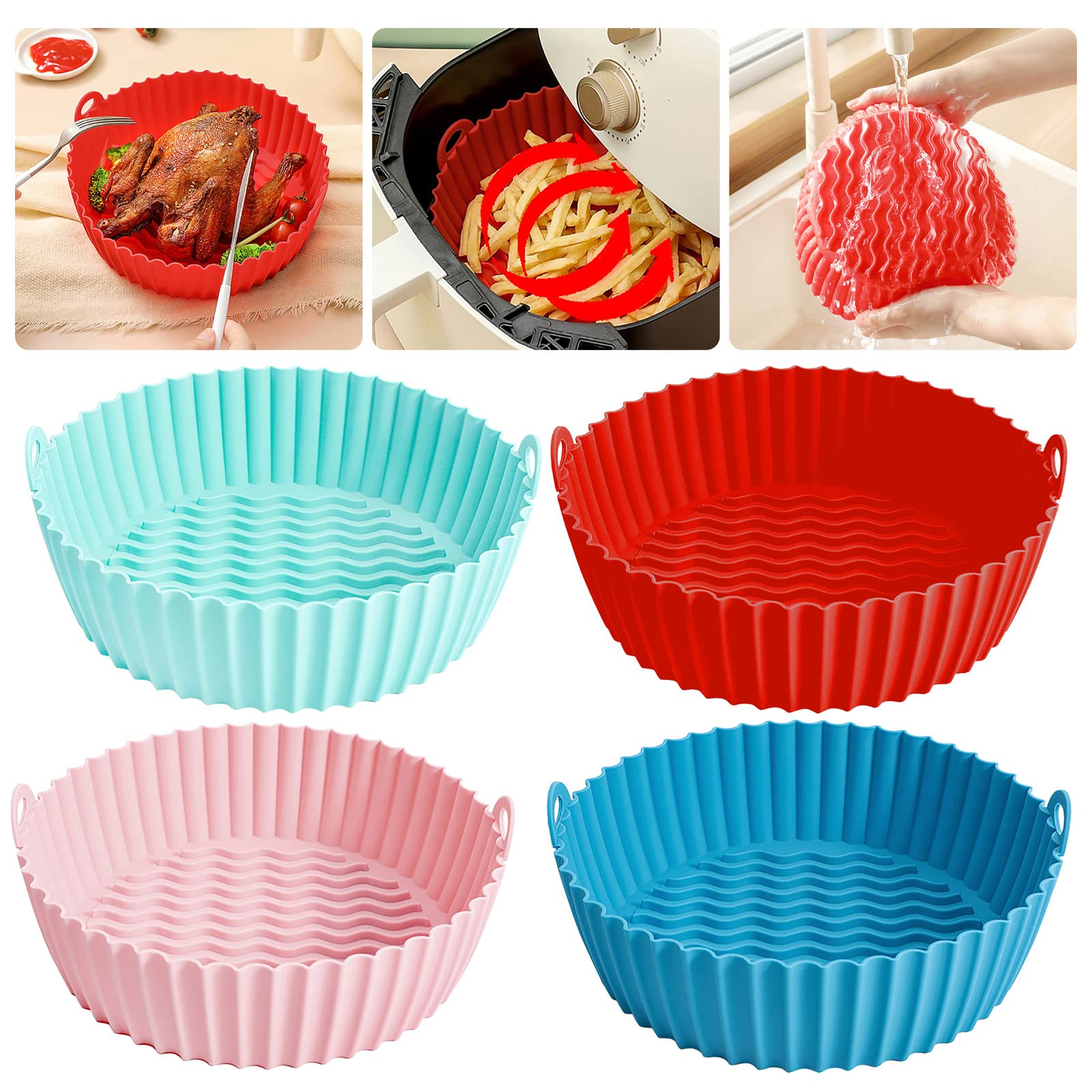 Non-Stick Reusable Air Fryer Silicone Pot & Baking Pan Liners (8.5 Inch) - Red, Green, Pink, Blue - Fits Most Air Fryer Baskets - Perfect for Roasting, Baking & Reheating Food
