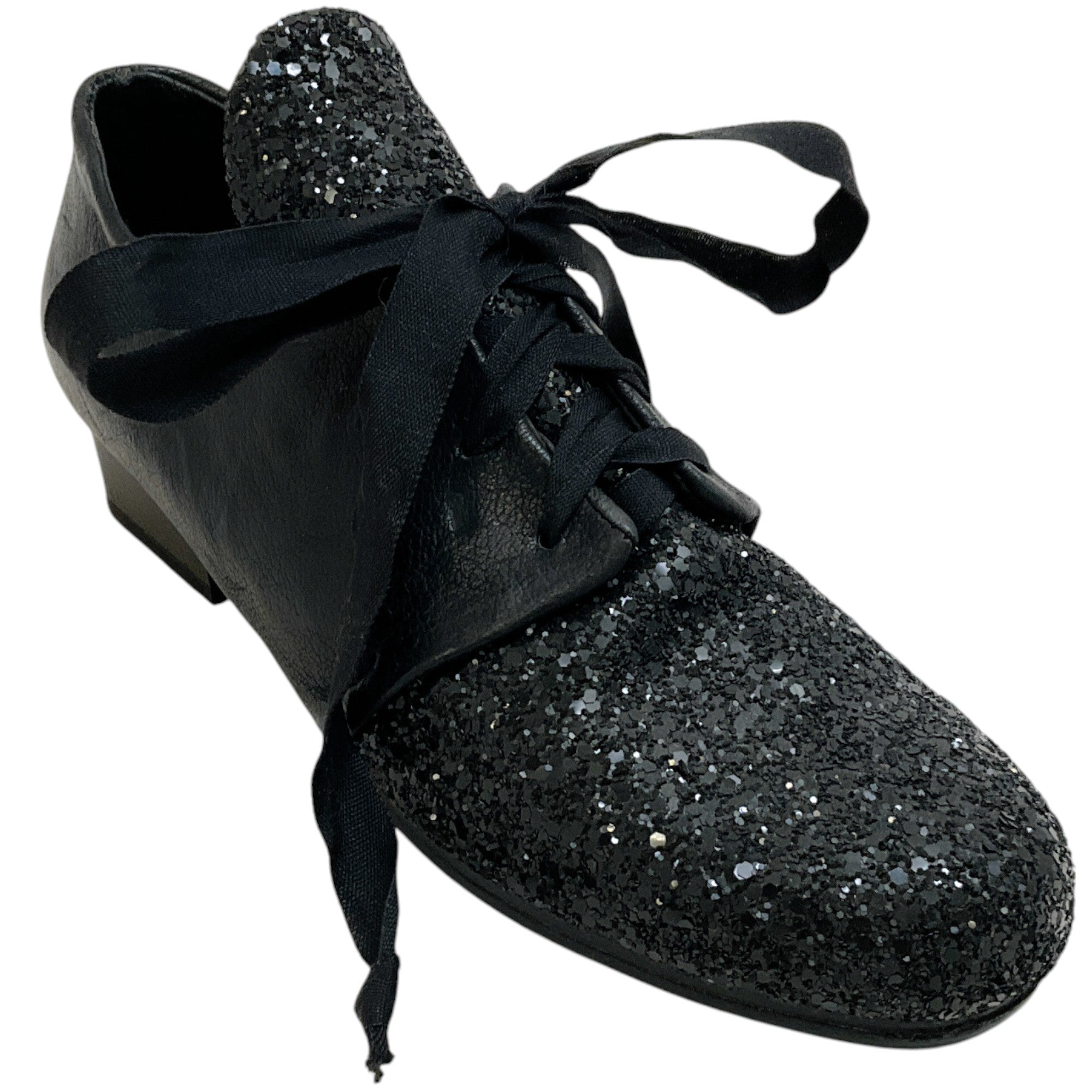 Devrandecic Black Glitter Lace Up Shoes for Women - Elegant Sparkly Party Pumps with Comfortable Heel - Perfect for Weddings, Prom Nights & Evening Events