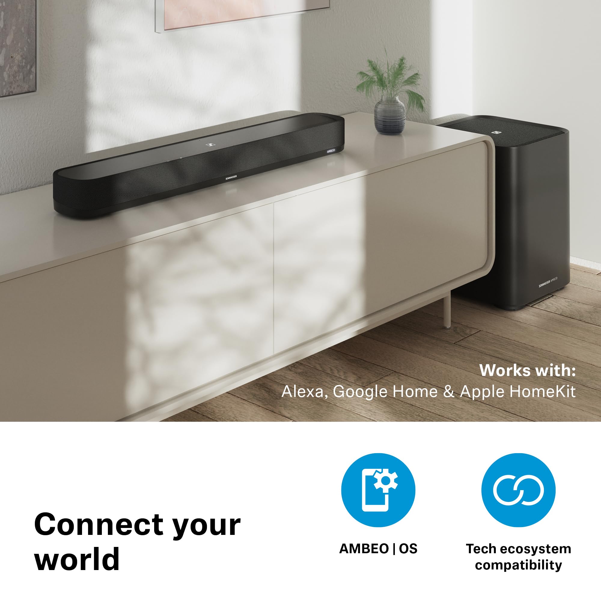 Sennheiser AMBEO Soundbar Mini - Compact 3D Soundbar with Immersive Audio for TV, Movies & Music | Adaptive EQ, Bluetooth/WiFi Connectivity | Perfect for Home Theater & Gaming Setup