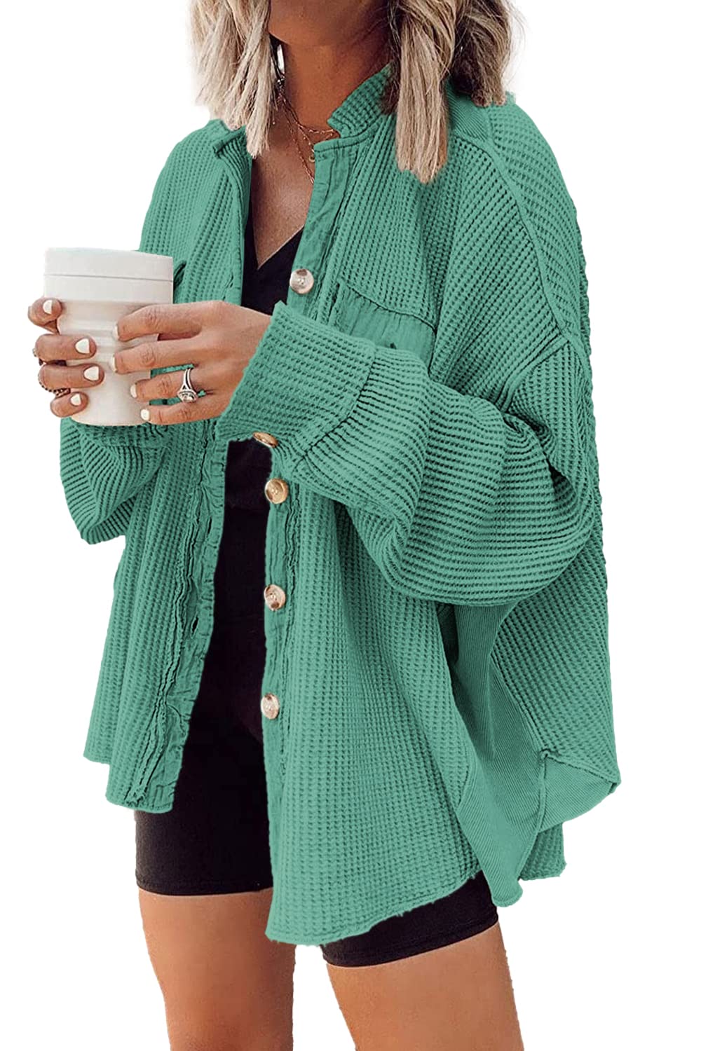 Yanekop Women's Waffle Knit Button Down Shacket - Oversized Long Sleeve Shirt Jacket for Women | Trendy Fall & Winter Outfits 2025 | Perfect for Casual Wear, Layering and Office Style