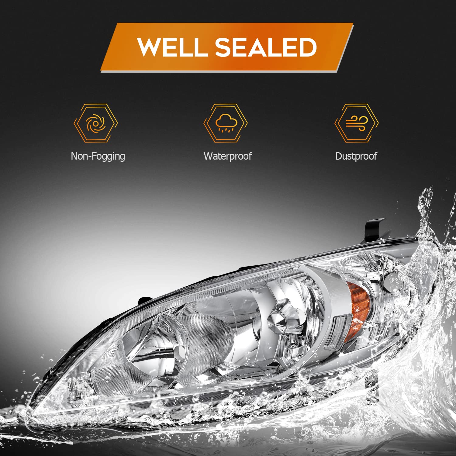 2004-2005 Honda Civic Headlight Assembly - Chrome Housing, Amber Reflector, Clear Lens - Driver & Passenger Side Headlamps - Perfect for Night Driving & Auto Restoration Projects