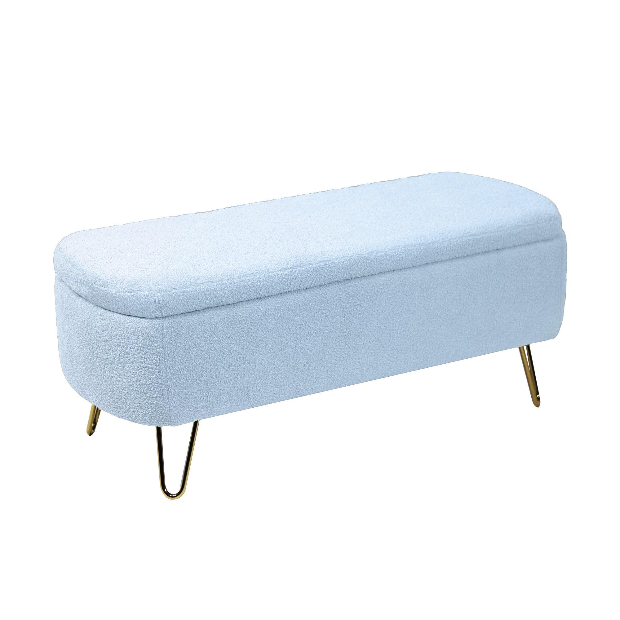 Modern Blue Storage Ottoman Bench with Gold Legs & Grey Faux Fur Upholstery - Padded Seat with Hidden Storage for Bedroom, Living Room & Entryway | Perfect for Extra Seating, Footrest & Home Organization