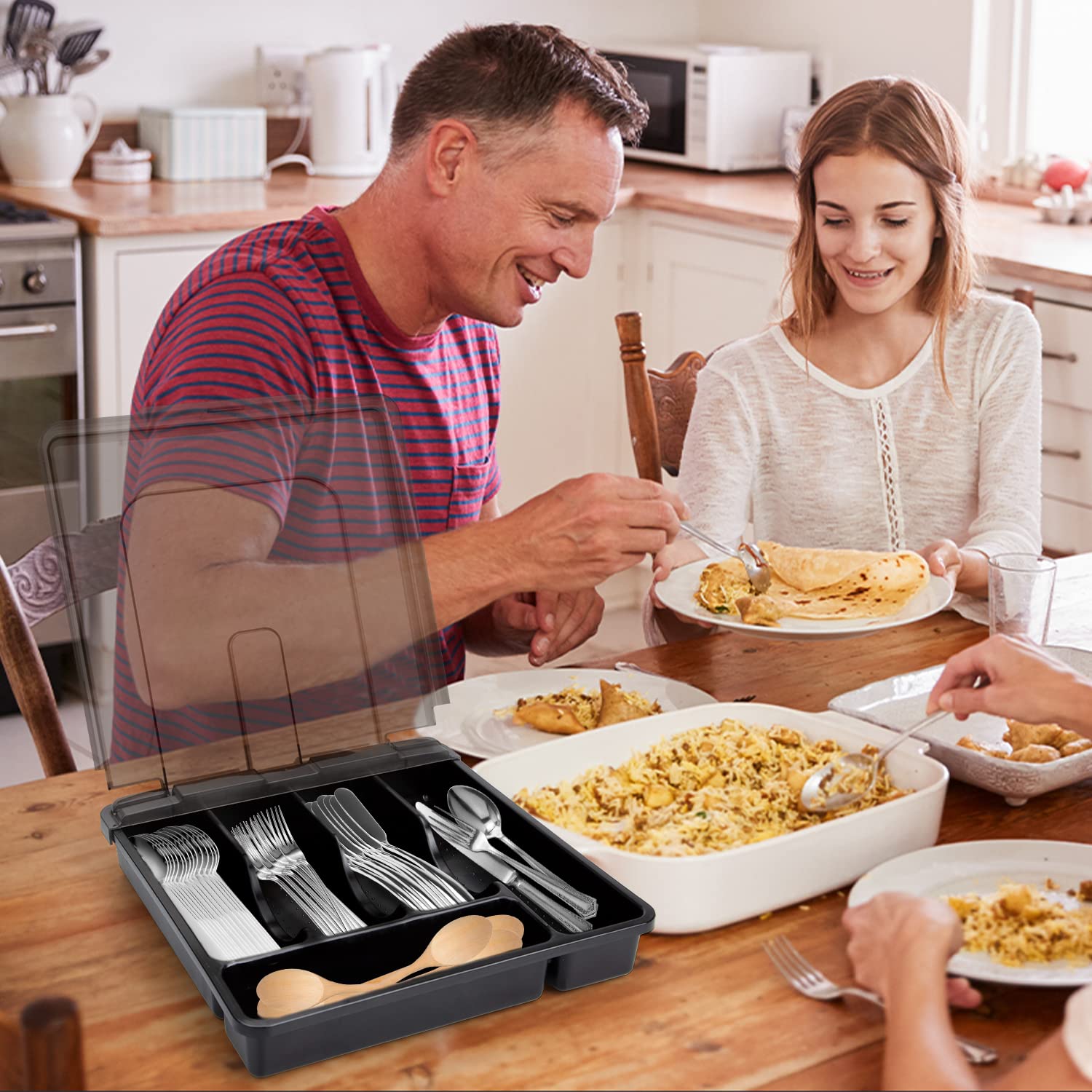 Stainless Steel Silverware Organizer with Lid - 5 Compartment Plastic Utensil Holder for Kitchen Drawer & Countertop - Black Cutlery Tray with Cover for Forks, Spoons, Knives | Perfect for Home, Restaurant & Office Organization