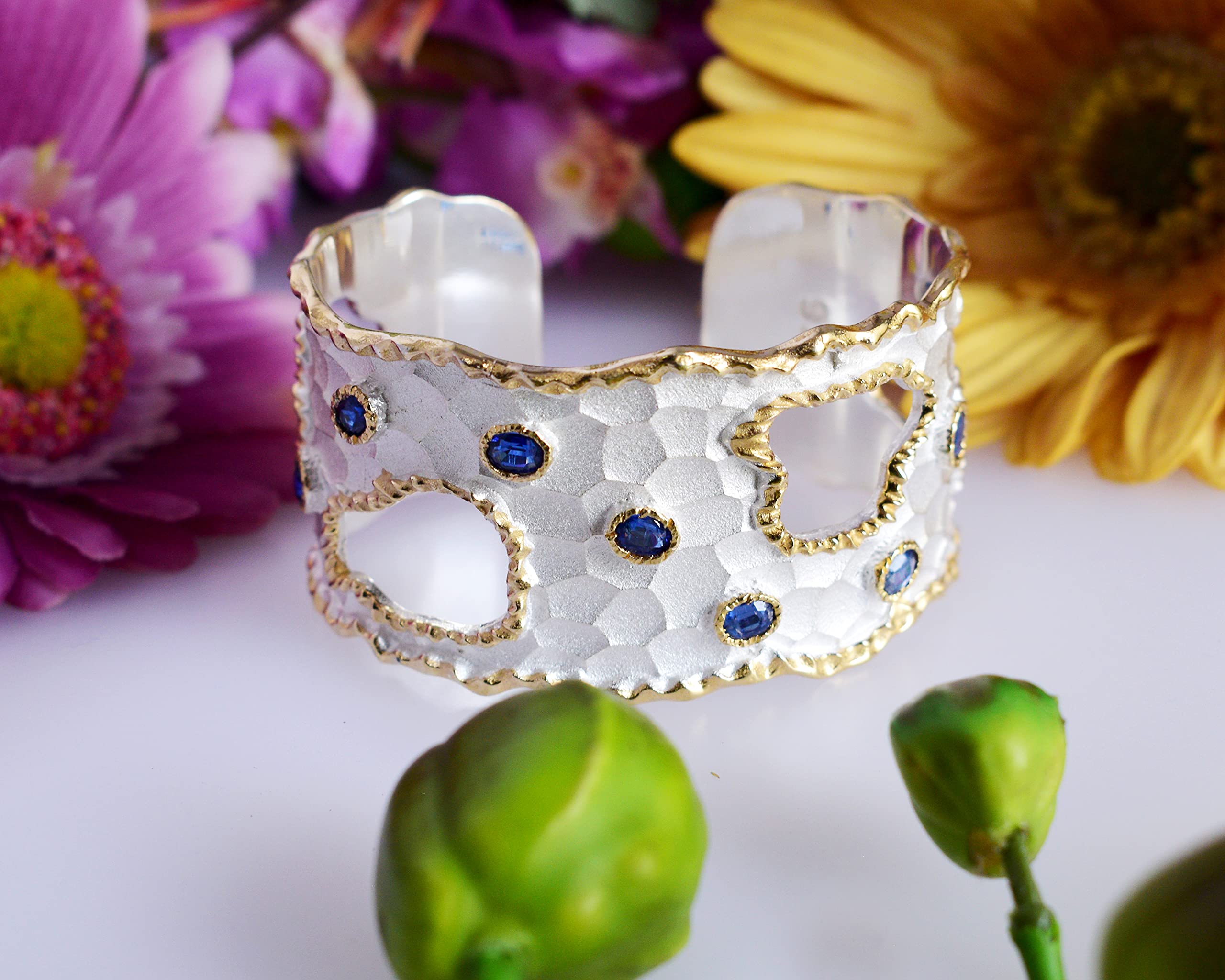 Kyanite & CZ Gemstone 925 Sterling Silver Cuff Bangle - Handmade Jewelry Gift for Women, Elegant Bracelet for Birthday, Anniversary & Special Occasions