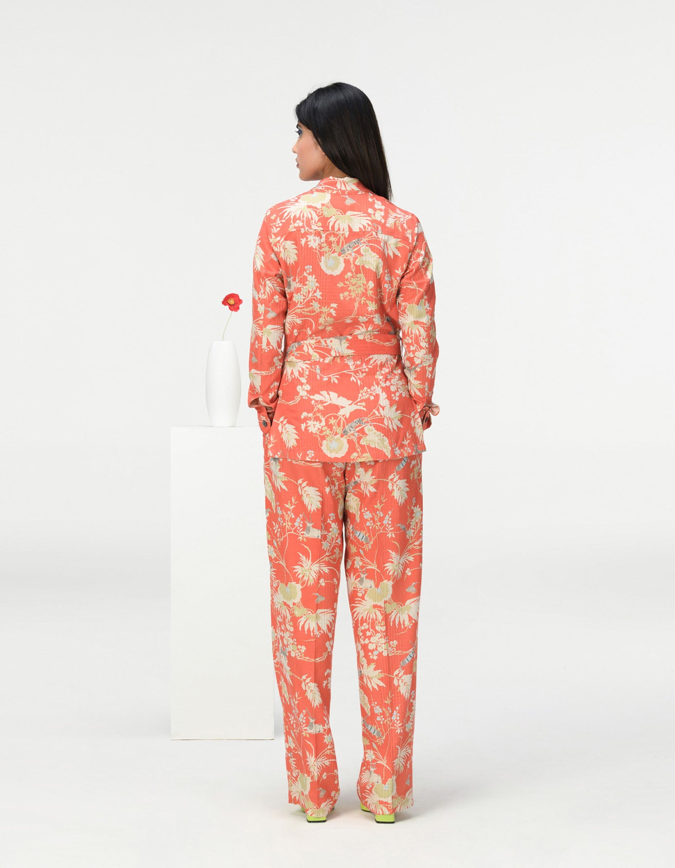 Single Pleated Trousers for Women - Cotton Silk Blend Checkered Coral Pants | Office Wear & Casual Outfits