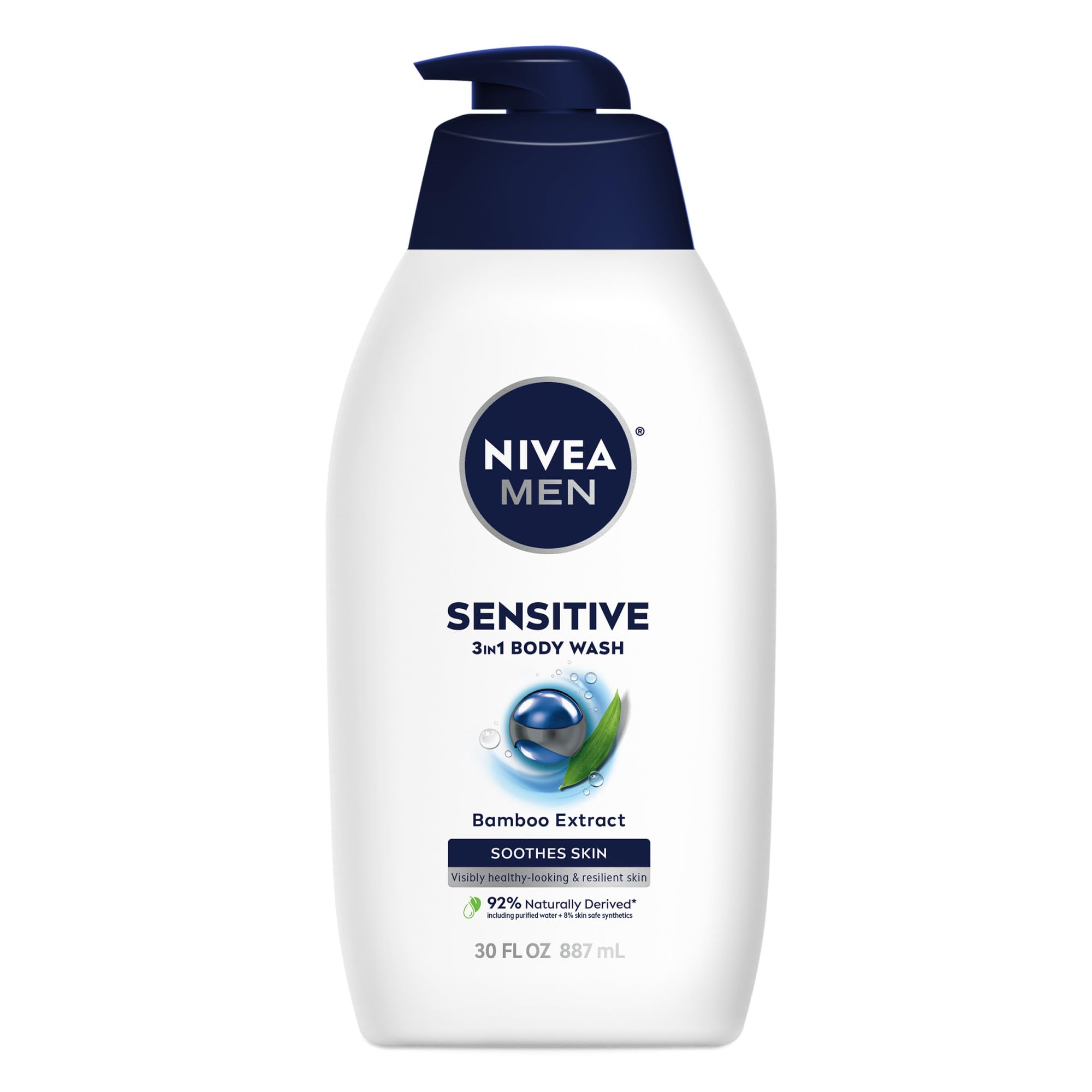 NIVEA MEN Sensitive Body Wash with Bamboo Extract - Moisturizing Shower Gel for Men with Sensitive Skin, Alcohol-Free & Soap-Free Formula, 30 Fl Oz - Ideal for Daily Hydration & Gentle Cleansing After Workout or Shaving