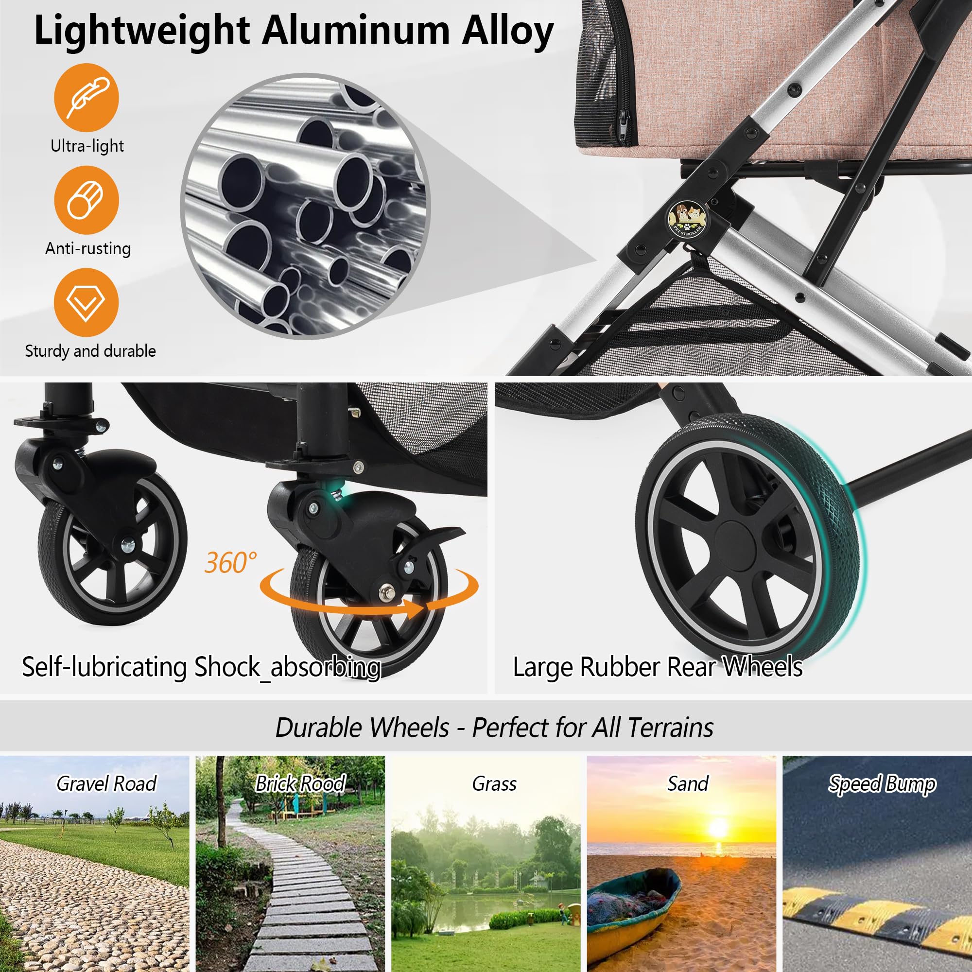 Kenyone Medium Dog Stroller for Pets Up to 55lbs - Lightweight Aluminum Frame, One-Click Folding, No-Zip Entry & Detachable Mesh - Large Pet Carrier with Storage Pockets for Walking, Travel & Outdoor Adventures