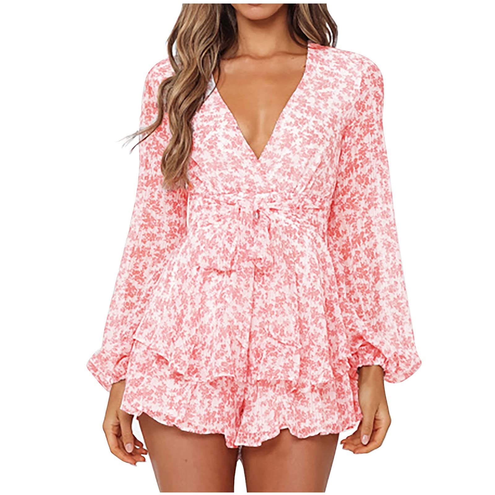 Women's Sexy Low Cut Bandage Peplum Chiffon Beach Jumpsuit - Long Sleeve V-Neck Floral Romper for Women | Perfect for Beach Vacations, Date Nights & Summer Parties