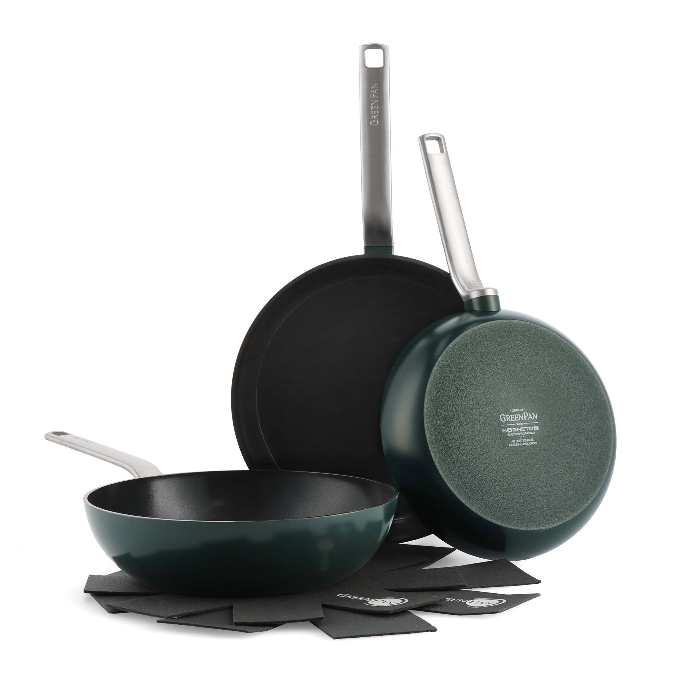 **GreenPan Evolution 3-Piece Nonstick Ceramic Cookware Set - Hard Anodized, PFAS-Free, Induction Compatible, Dishwasher & Oven Safe, Pine Green - Perfect for Frying, Sautéing & Stir-Frying**