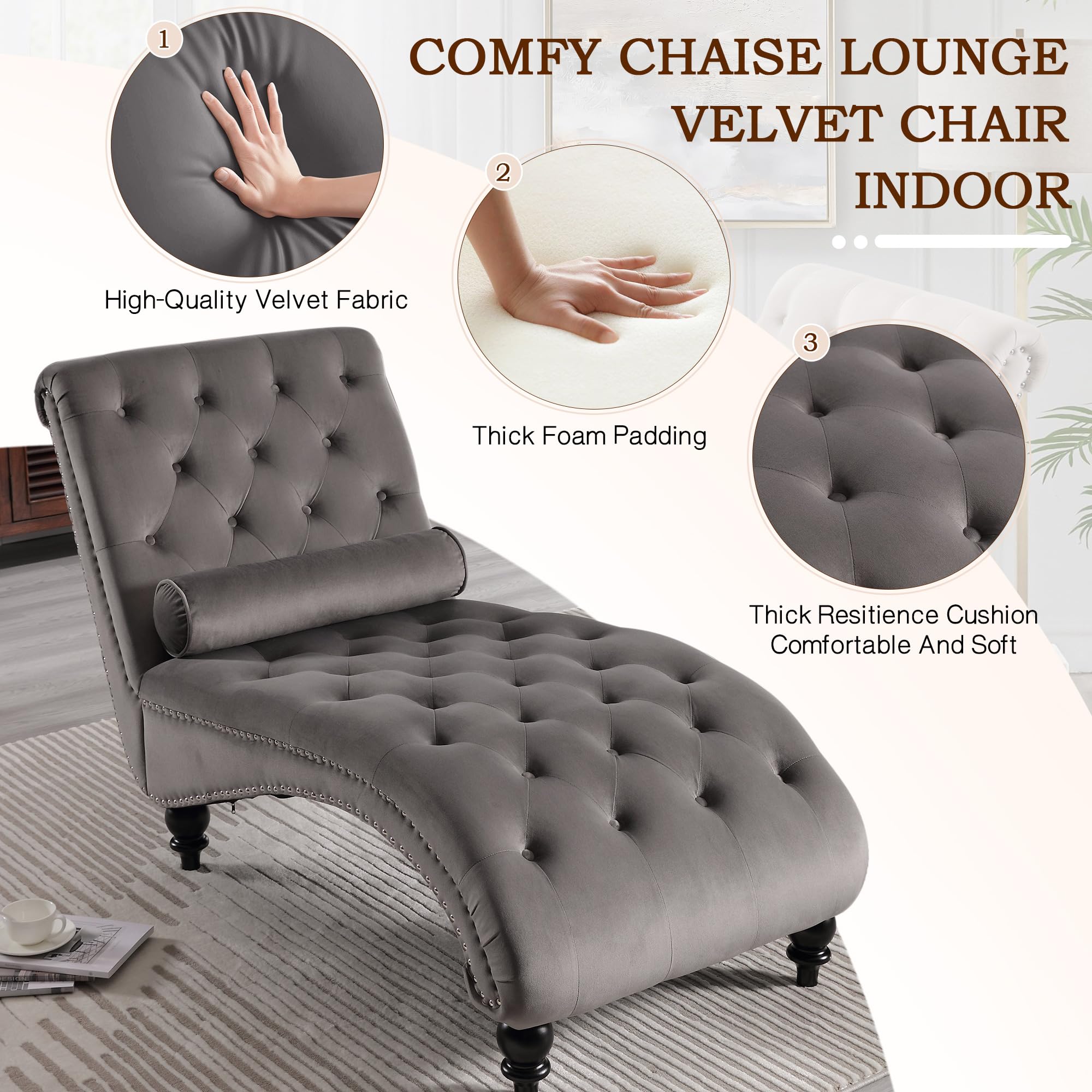 SLEERWAY Velvet Tufted Chaise Lounge Chair with Solid Wood Legs & Lumbar Pillow - Modern Upholstered Sleeper Sofa for Bedroom, Living Room, Office - Grey | Perfect for Relaxing, Reading & Small Space Decor