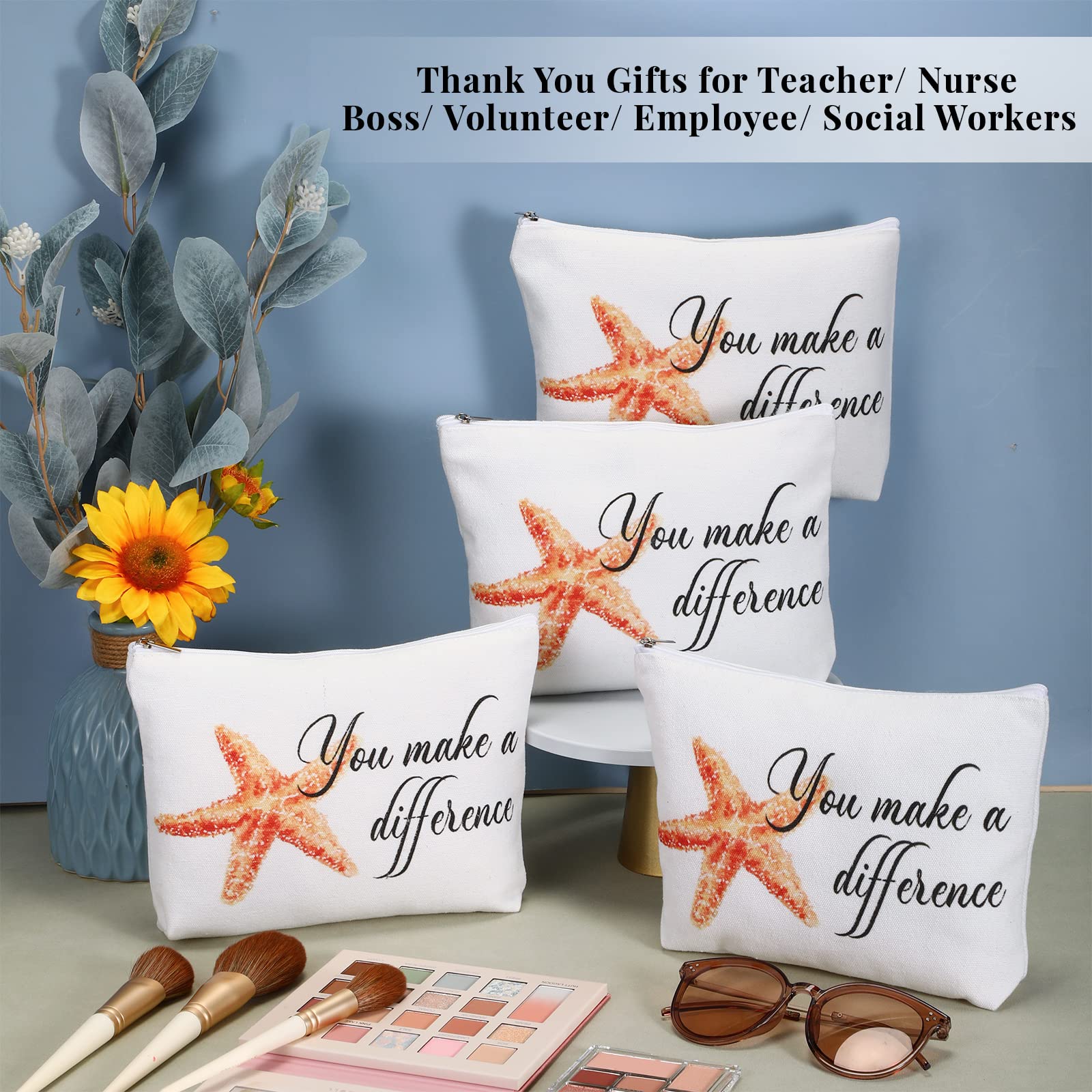 10 Pcs Inspirational Cosmetic Bags with Motivational Poem Cards - Starfish Design Zippered Canvas Makeup Pouch for Women, Employees, Teachers, Nurses - Perfect Appreciation Gifts for Graduation, Birthday, Thank You, Retirement