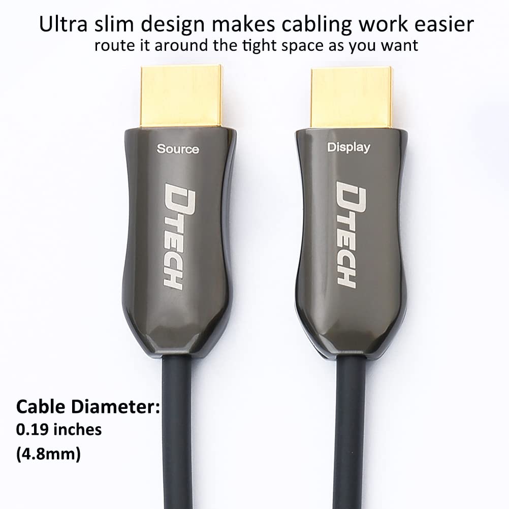 DTech Ultra Slim 200ft Fiber Optic HDMI 2.0 Cable - 4K 60Hz 18Gbps High Speed - In-Wall Installation for Projector, Laptop, Computer Monitor & TV (61 Meters) - Perfect for Home Theater, Gaming & Office Setup