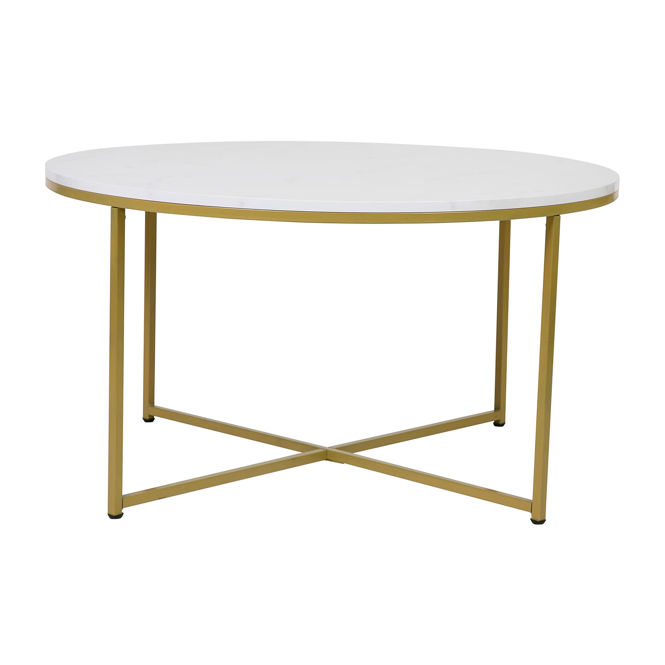Hampstead Collection 3-Piece Coffee & End Table Set - White Marbled Laminate Top with Brushed Gold Crisscross Frame - Modern Living Room Furniture for Small Spaces, Apartments & Home Decor