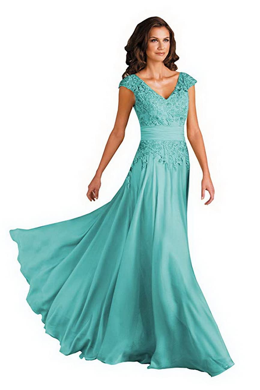 Elegant V-Neck Mother of the Bride Dress with Lace Sleeves - Chiffon Formal Evening Gown for Wedding Guest - Perfect for Weddings, Galas & Special Occasions