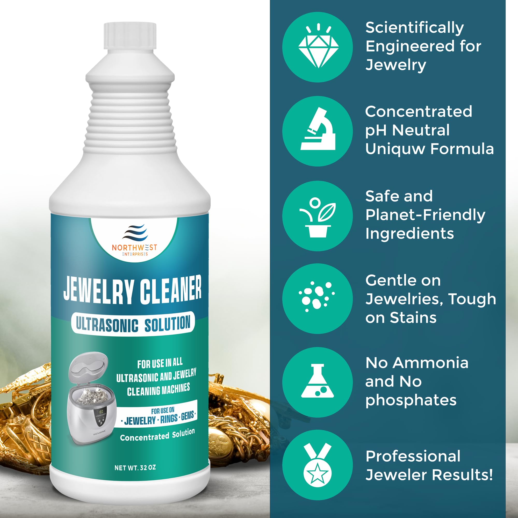 Premium Ultrasonic Jewelry Cleaner Solution - Safely Cleans Gold, Silver, Platinum, Diamonds & Gemstones | Non-Toxic 32oz Formula for Rings, Necklaces, Watches & More | Professional Jewelry Cleaning at Home