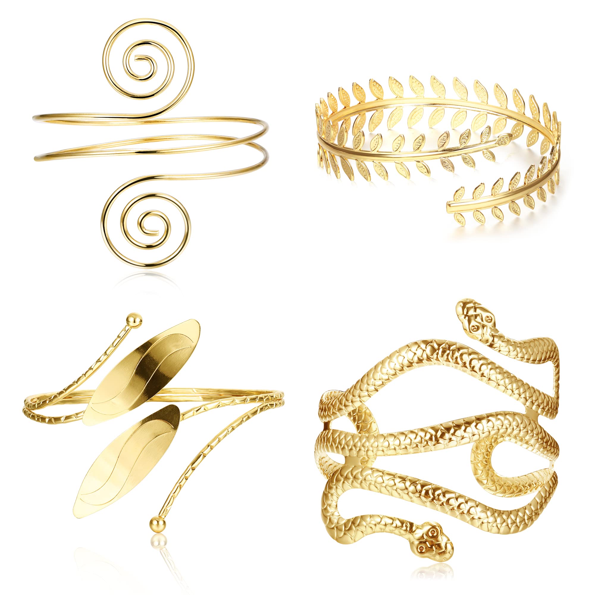 LOLIAS 4-Piece Adjustable Gold Boho Arm Cuff Bracelets for Women - Smooth Open Bangle Set, Minimalist Coil Armbands for Wrist & Upper Arm - Perfect for Festivals, Parties & Boho Chic Outfits