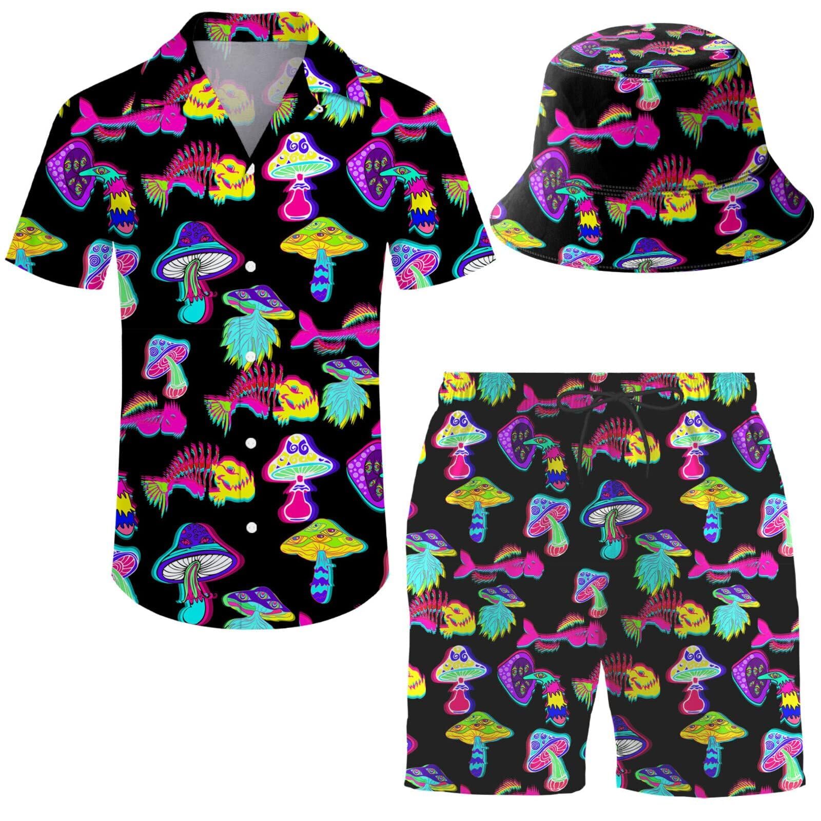 Hawaiian Shirt and Shorts Set for Men - 2 Piece Summer Outfit with Bucket Hat | Beach Vacation, Luau Party, Casual Wear