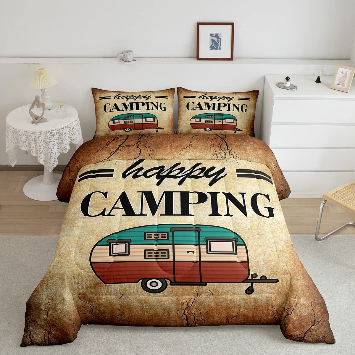 Happy Camping Theme Kids Farmhouse Comforter Set - Full Size Soft & Cozy Quilted Bedding for Boys & Girls, Rustic Nature Travel Decor, Perfect for Camping Trips & Cozy Cabin Bedrooms