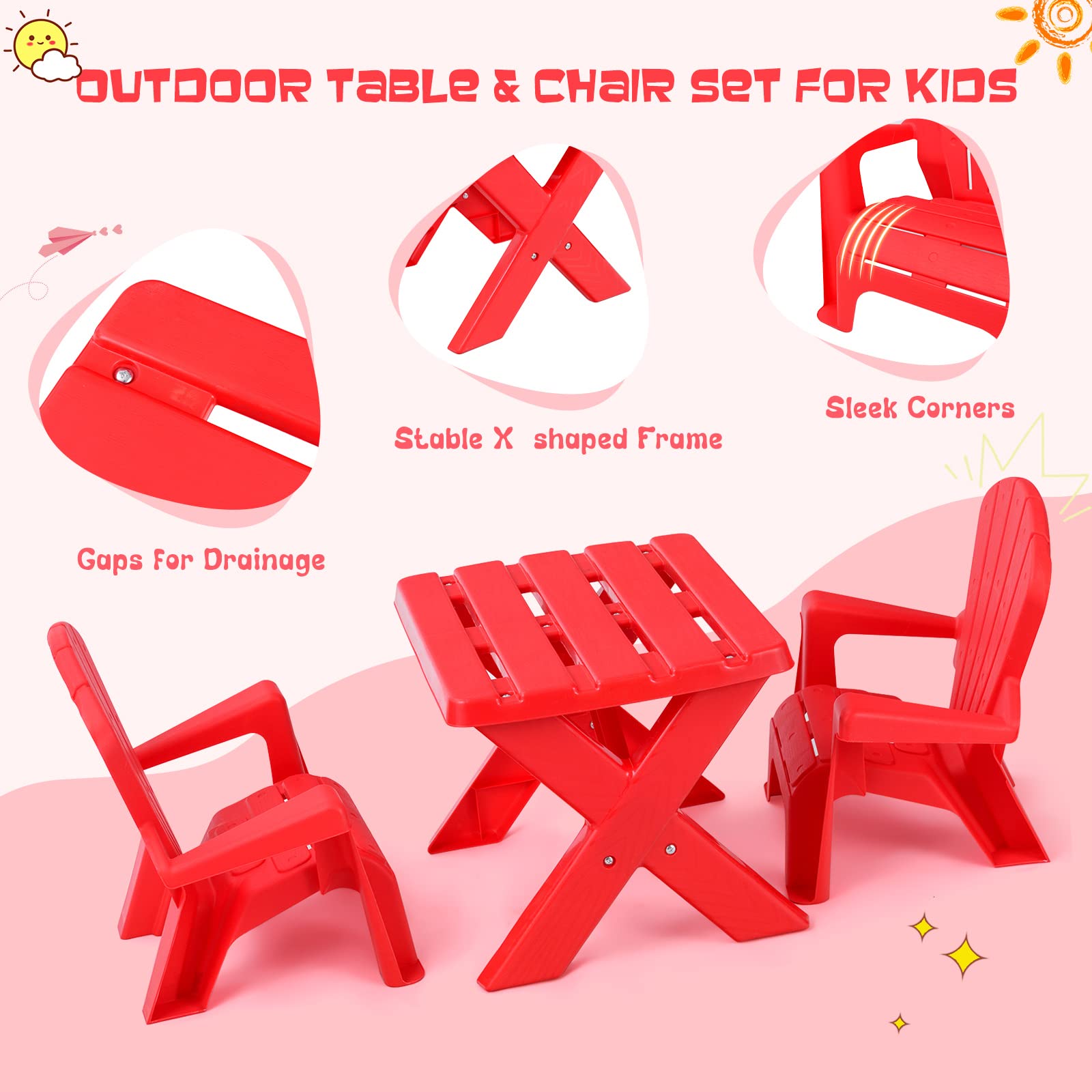 COSTWAY Kids Outdoor Table & Chair Set - 3-Piece Toddler Play Table with 2 Adirondack Chairs, Stackable Space-Saving Backyard Furniture for Beach, Garden & Lawn (Red) | Perfect for Outdoor Play, Picnics & Summer Activities