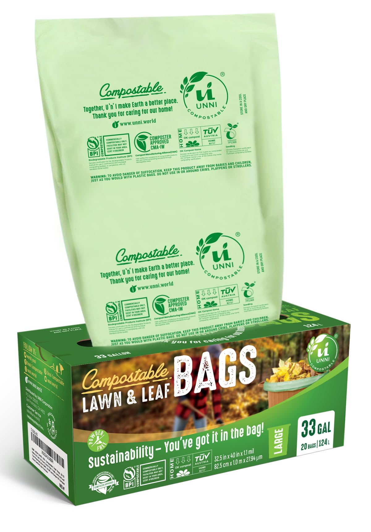 UNNI Compostable Lawn & Leaf Bags 30-33 Gallon (124 Liter) - 1.1 Mil Extra Thick - 40 Count - Yard Waste & Food Scraps Disposal - ASTM D6400, BPI, CMA & OK Compost HOME Certified - Eco-Friendly for Gardening, Landscaping & San Francisco Waste Compliance
