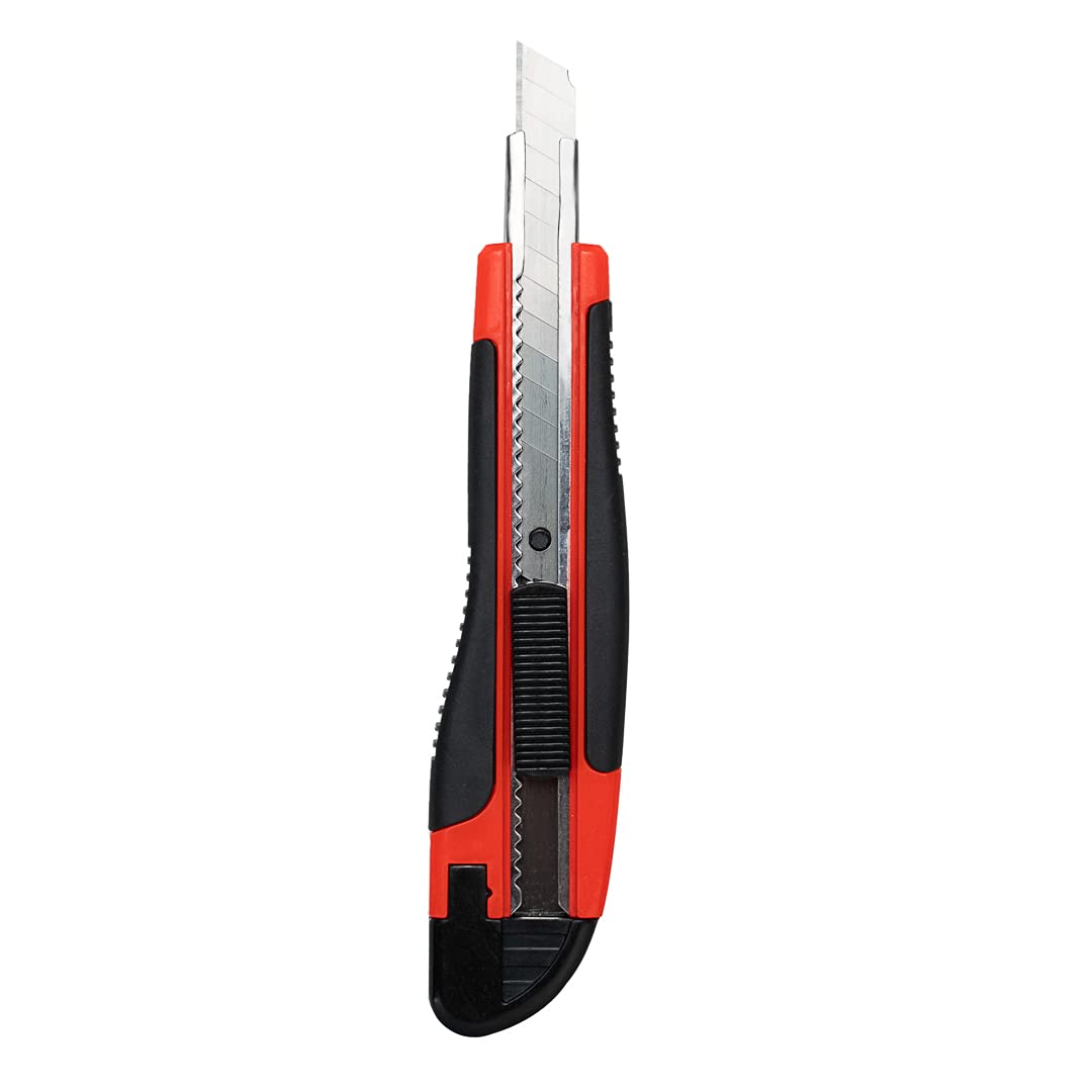 Handy Tek 5.3 Inch Retractable Utility Knife Set of 4 - Snap-Off Blades, Built-In Safety Lock, Heavy Duty Orange Plastic Breakaway Knives with Sharp Blades - Perfect for Restaurant, Kitchen, Packaging & DIY Projects