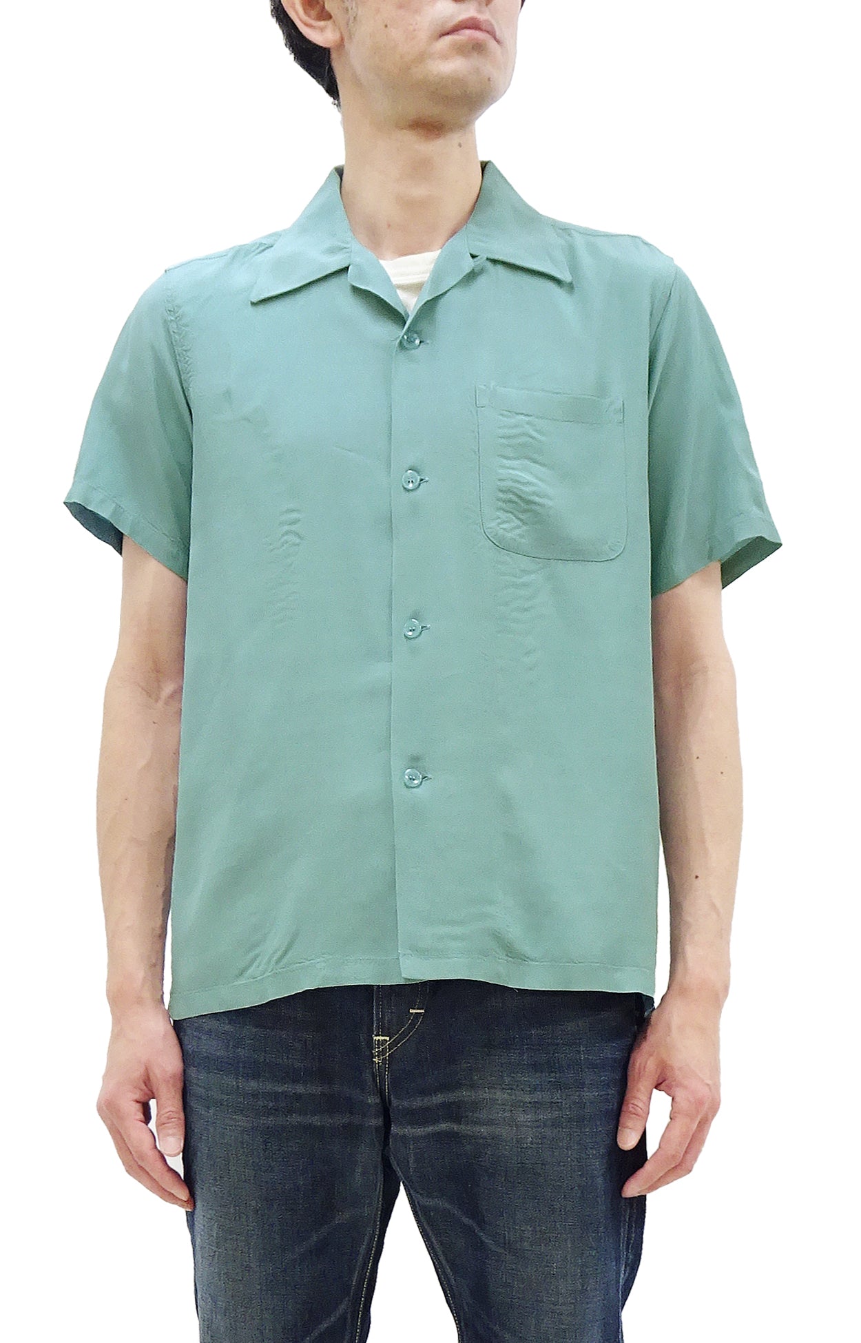 Vintage 1950s Men's Bowling Shirt - Short Sleeve Rayon Button Up Shirt in Faded Light Blue | Retro Style Casual Wear for Parties, Themed Events & Everyday Fashion SE39259