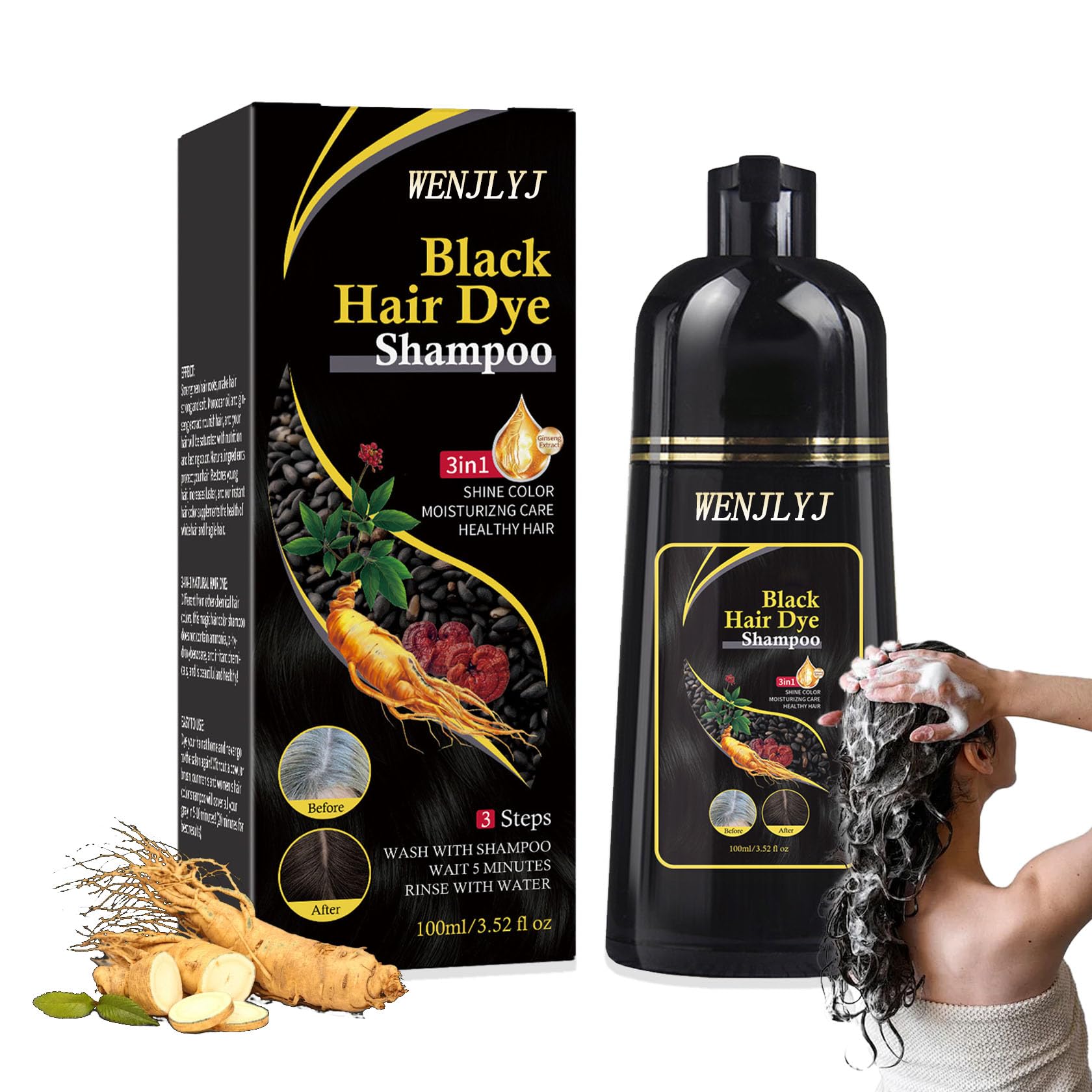 Black Hair Dye Shampoo for Women & Men - Long Lasting Hair Color Shampoo with Natural Ingredients | Perfect for At-Home Hair Coloring & Touch-Ups