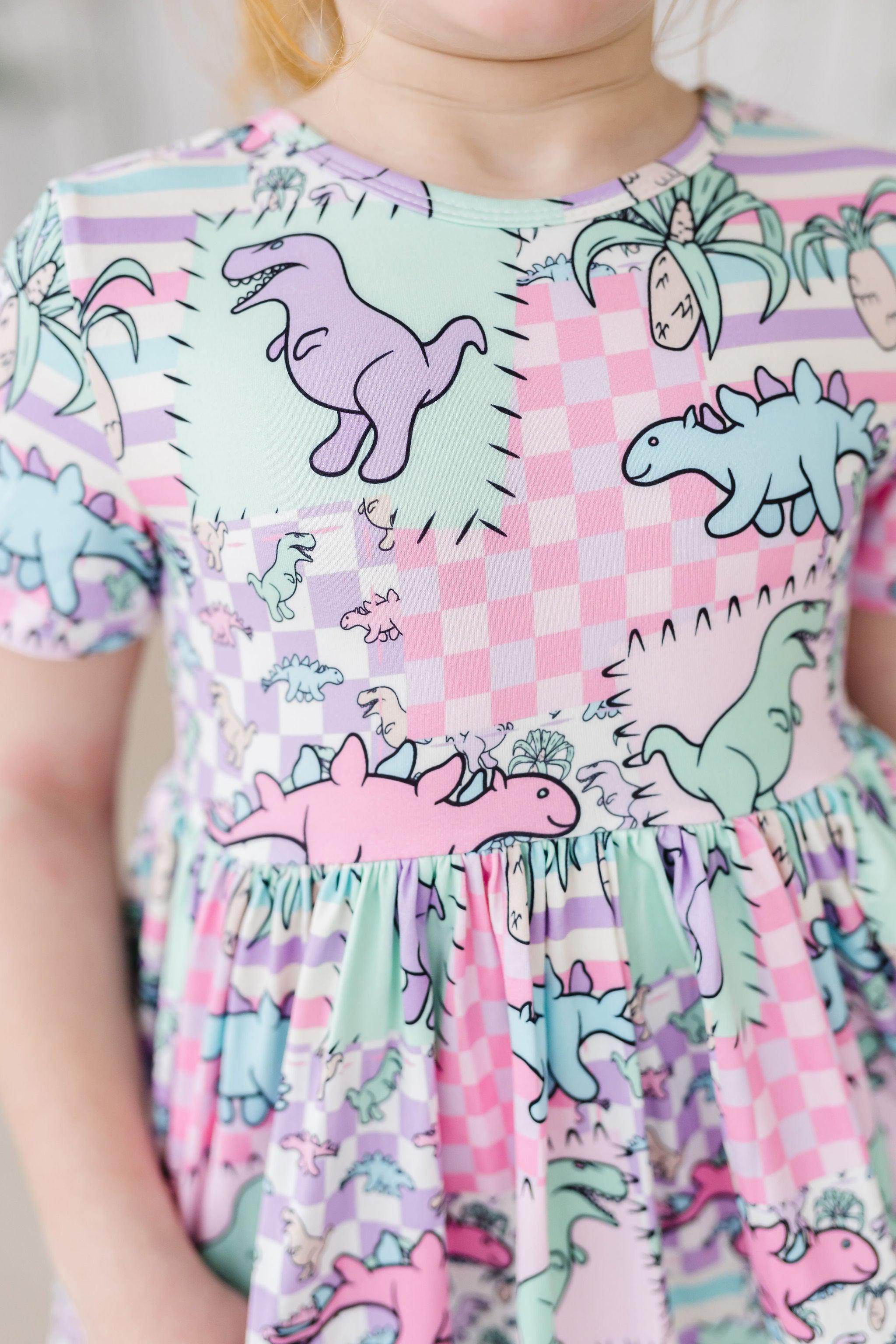 Quilted Dinosaur Short Sleeve Pocket Twirl Dress for Girls - Playful & Comfortable Summer Outfit for Parties, Playdates & Special Occasions