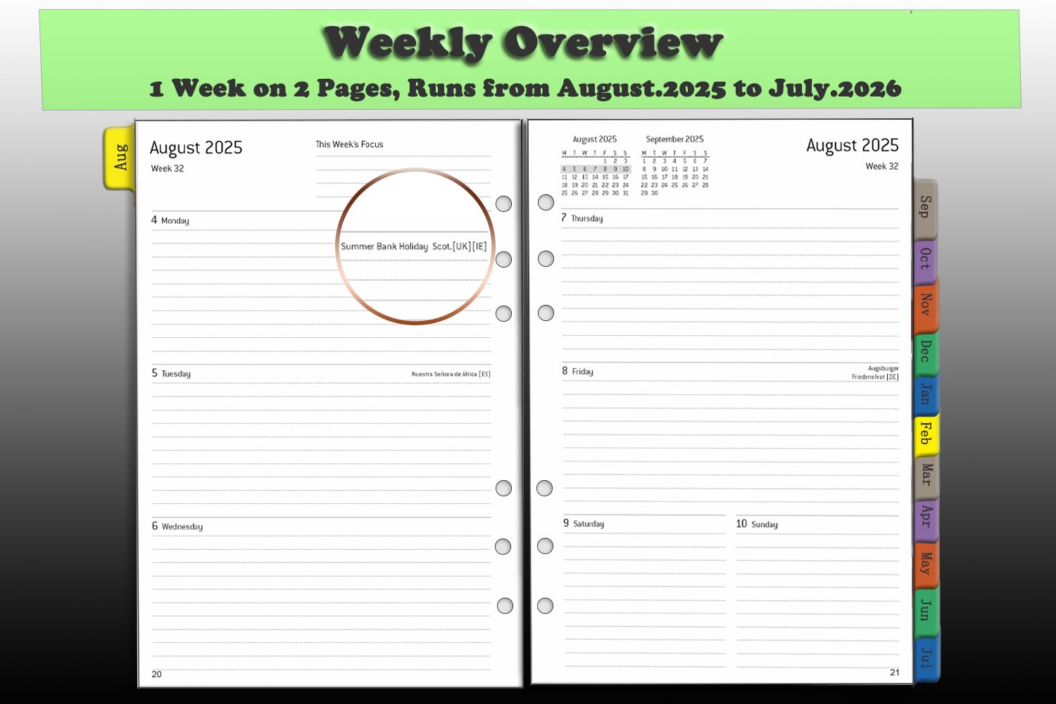 A5 Refillable Academic Diary 2025-2026 - 6-Hole Weekly Planner Inserts with Monthly Tabs | 1 Week on 2 Pages Organizer | Extra Notes, Contact & Timetable Sections | August 2025 to July 2026 | Perfect for Students, Teachers & Office Professionals