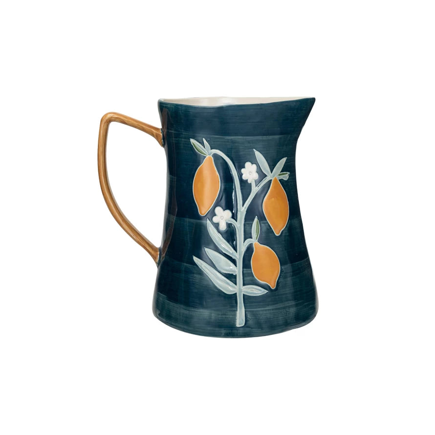 Handmade Lemon & Navy Blue Stoneware Pitcher - Elegant Ceramic Pitcher for Iced Tea, Lemonade & Water - Perfect for Summer Parties, Picnics & Home Decor