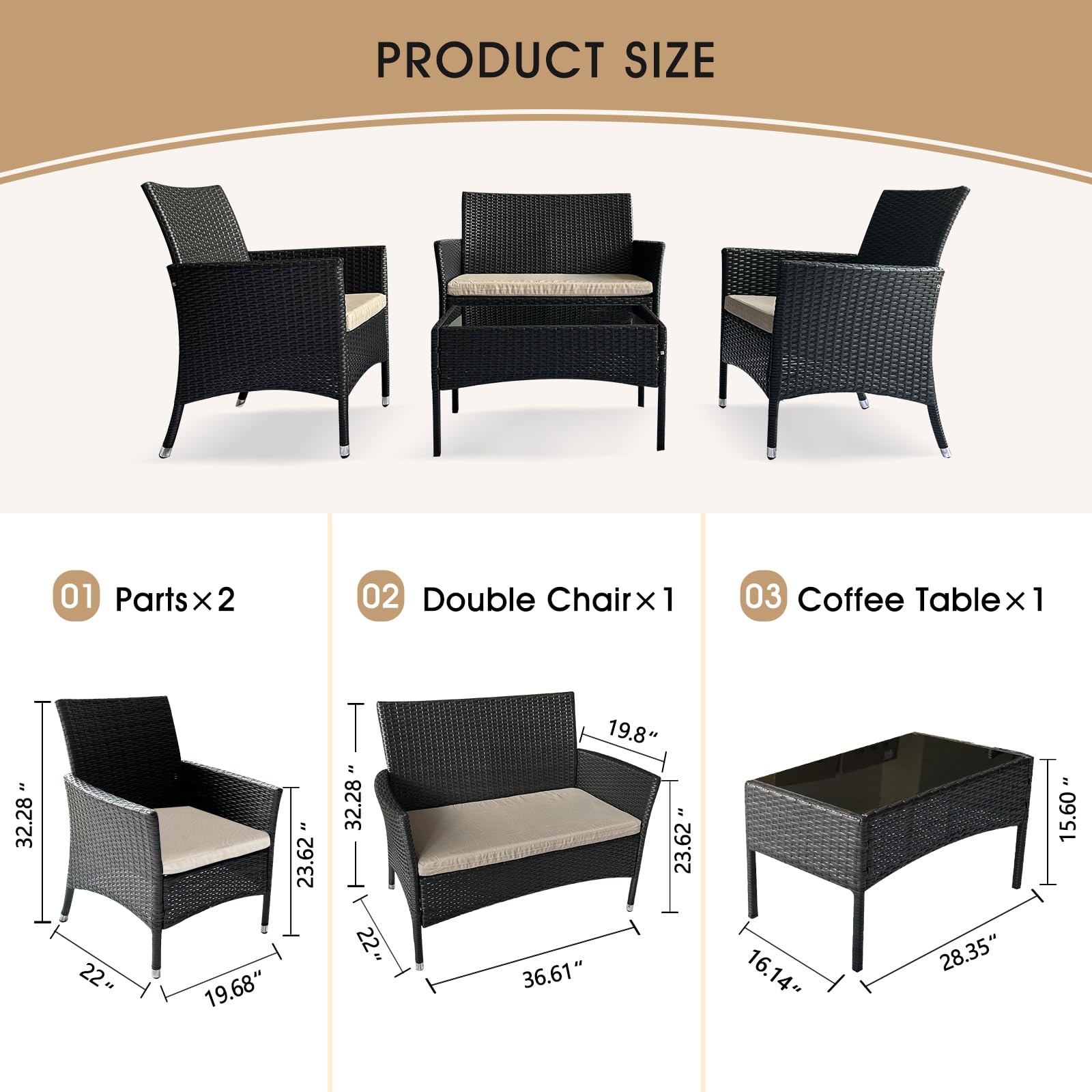 4-Piece Patio Furniture Set - Wicker Sectional Sofa with Armrest, Loveseat, Rattan Side Table & Chairs - Outdoor Conversation Set for Garden, Lawn, Pool or Backyard (Coffee/Beige) | Perfect for Relaxing, Entertaining & Enhancing Your Outdoor Living Space