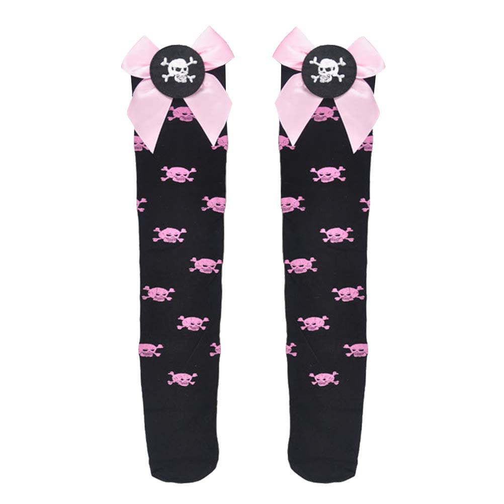 Halloween Skeleton Print Mesh Stockings with Bowknot - Sexy Long Stockings for Women (Pink) | Perfect for Halloween Costumes, Cosplay, and Party Outfits