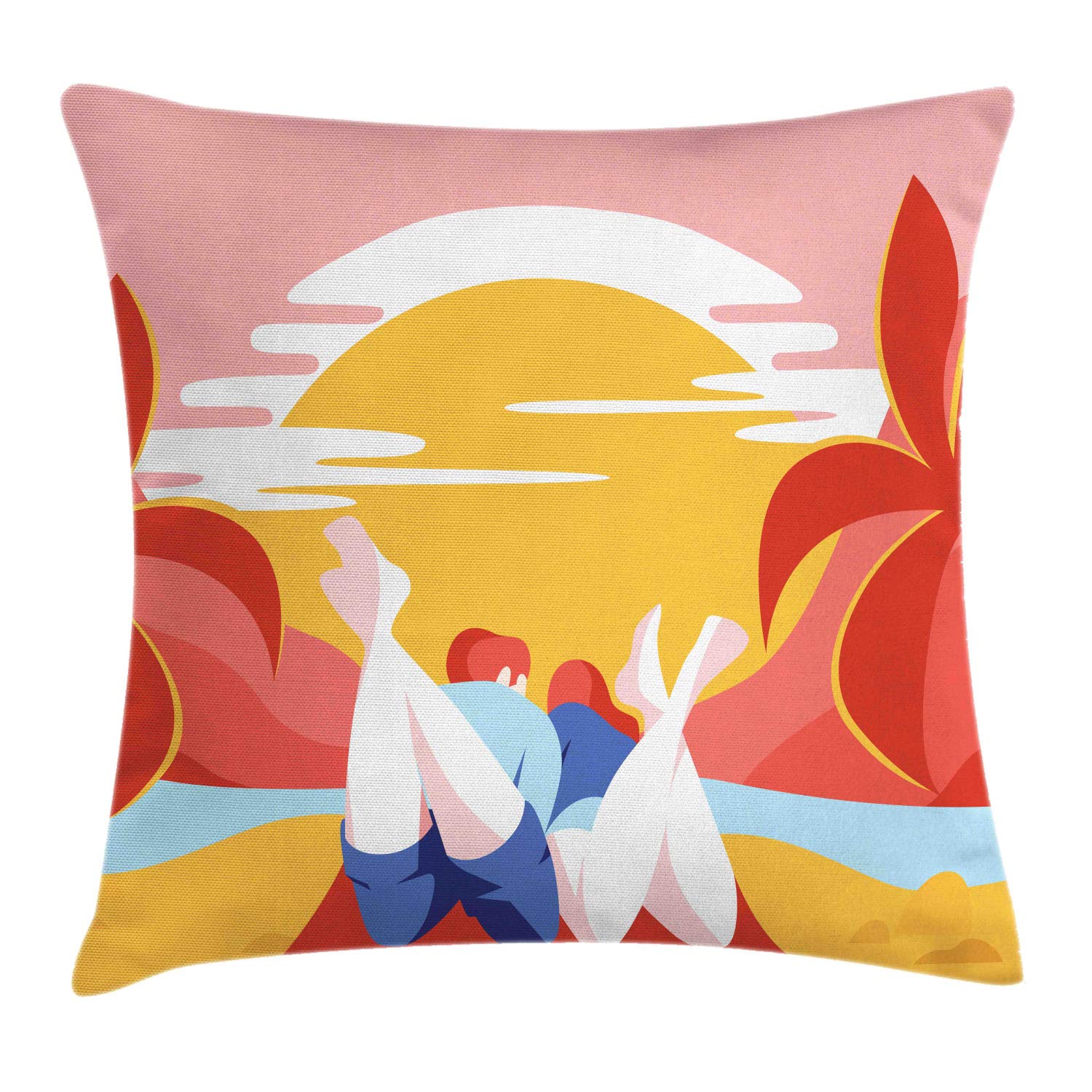 Ambesonne Beach Throw Pillow Cover 18x18 - Colorful Summer Romance Cartoon Design with Couple, Palm Trees & Ocean - Decorative Square Accent Cushion Case for Sofa, Bed, Outdoor - Multicolor Coastal Home Decor