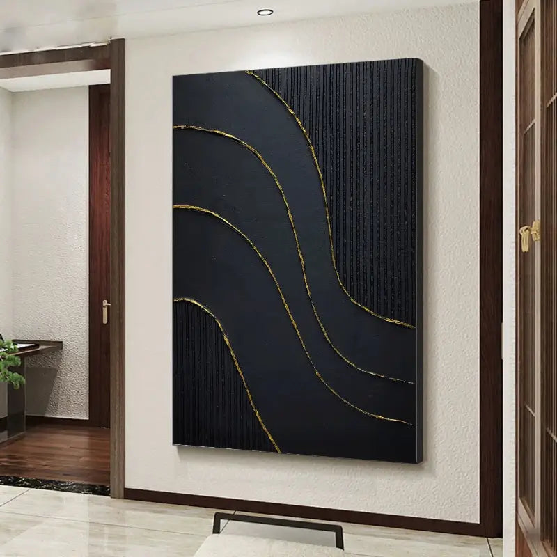 Black Gold Minimalist Textured Abstract Wall Art Painting #MZ011 - Modern Home & Office Decor for Living Room, Bedroom, Dining Area
