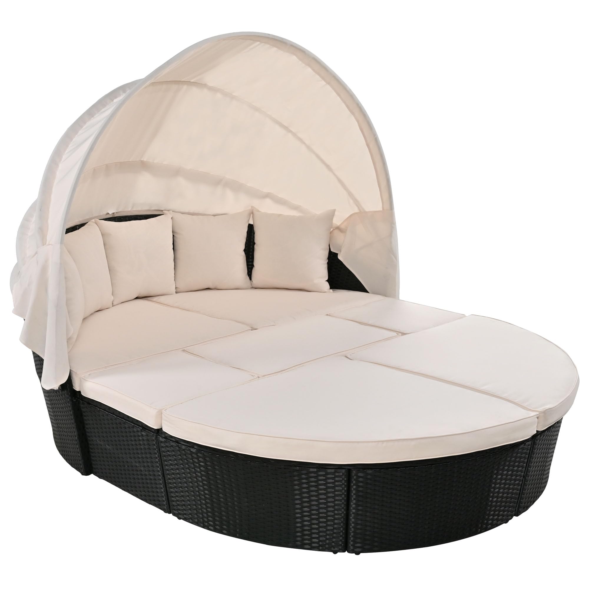 Outdoor Daybed with Retractable Canopy - Round Patio Sectional Sofa Set - Wicker Clamshell Seating with Removable Cushions - Beige - Perfect for Backyard, Porch, Poolside & Garden Relaxation